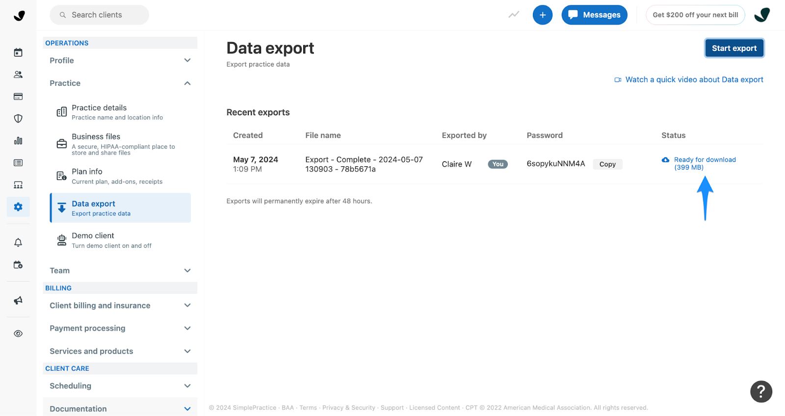 Data export list showing Ready to download link