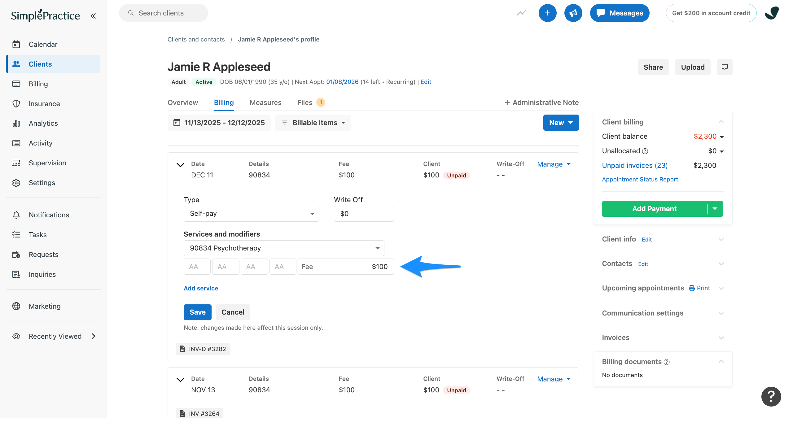 Edit details window showing the Fee field for an appointment