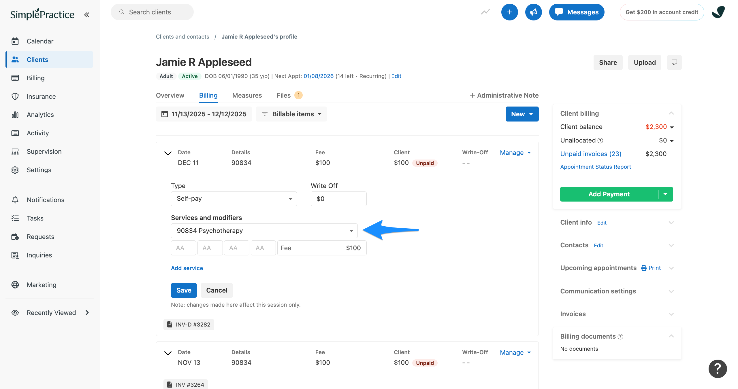 Edit details window displaying the Service dropdown for an appointment