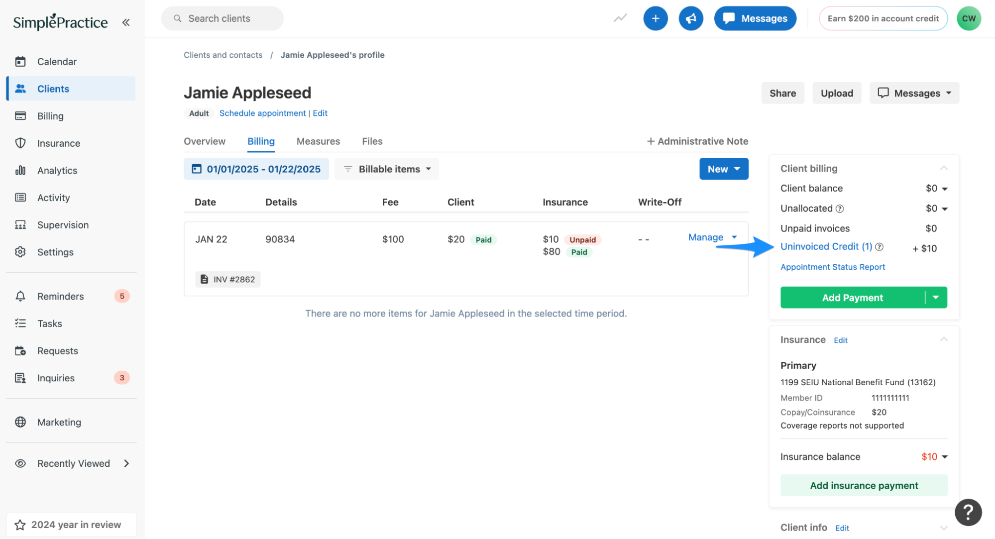 Client billing summary highlighting the Uninvoiced Credit link