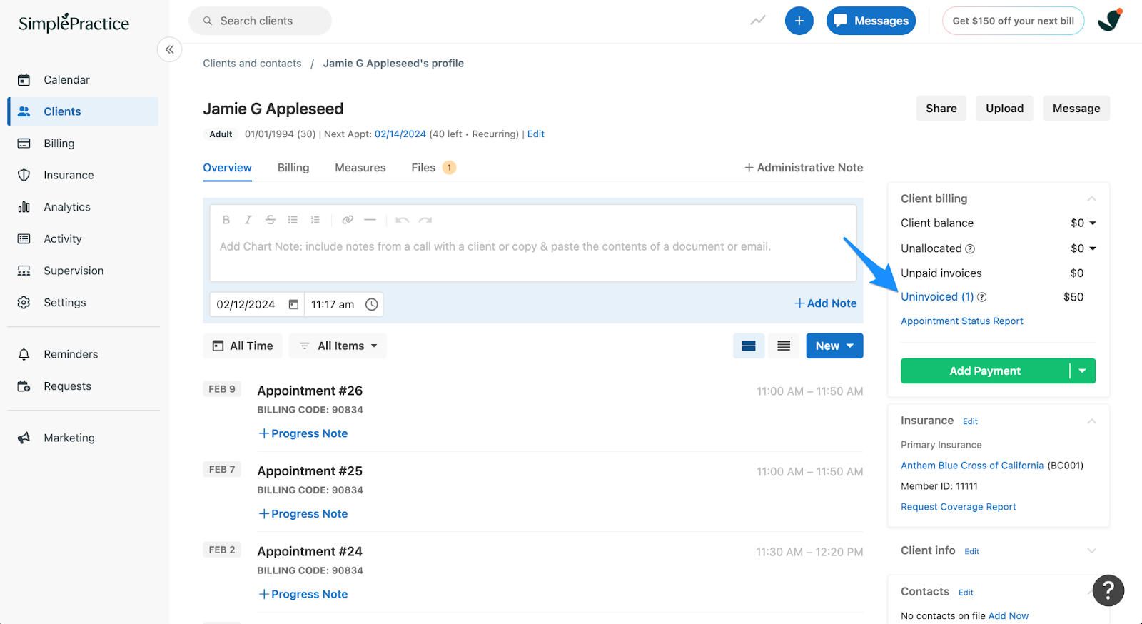 Client Billing summary showing unpaid and uninvoiced items