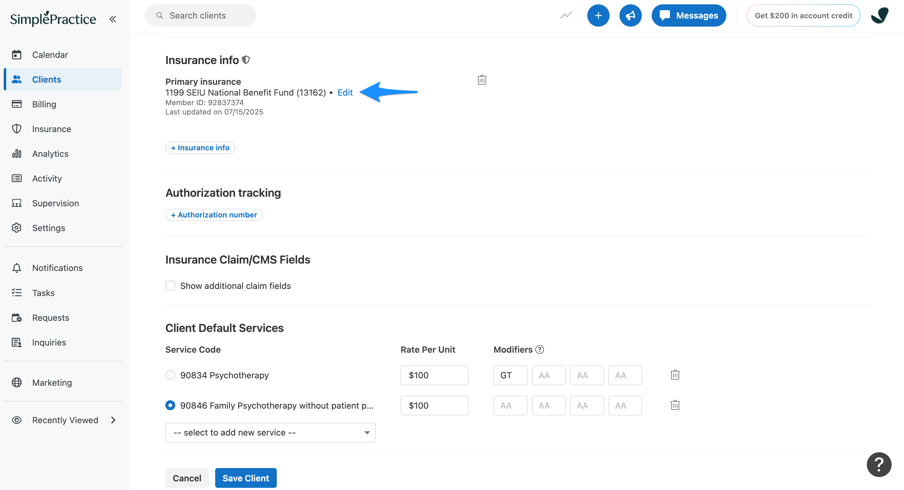 Client insurance information editing section in SimplePractice