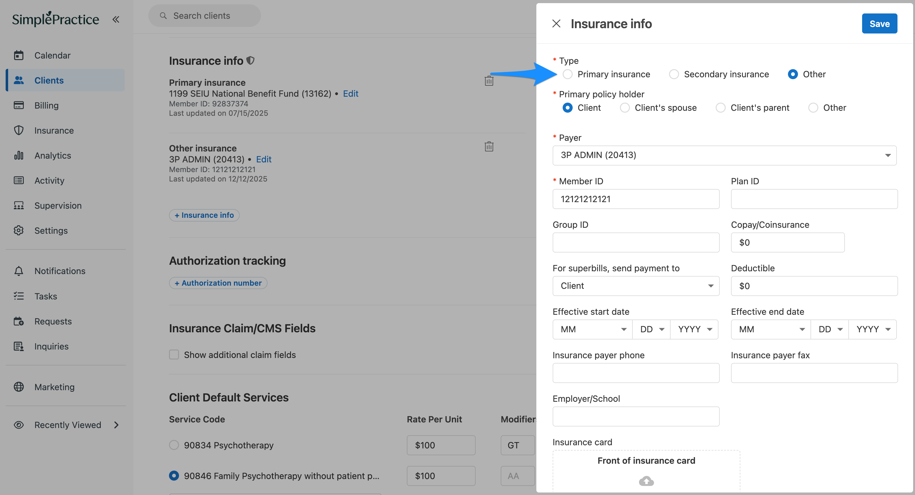 Selecting primary insurance in client insurance settings