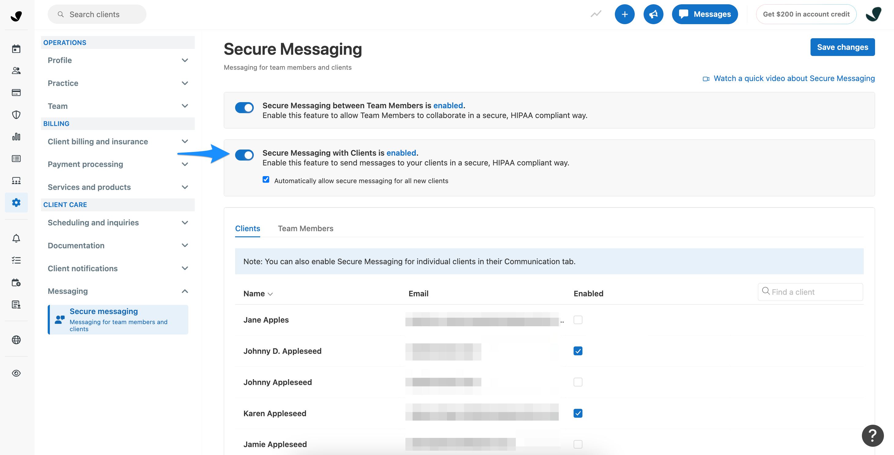 Secure messaging settings toggled On