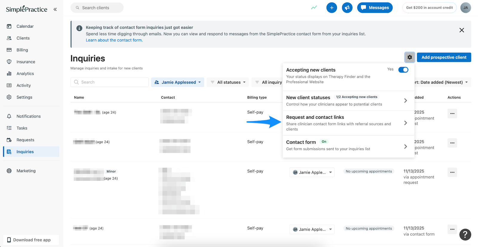 Gear menu showing Request and contact links option