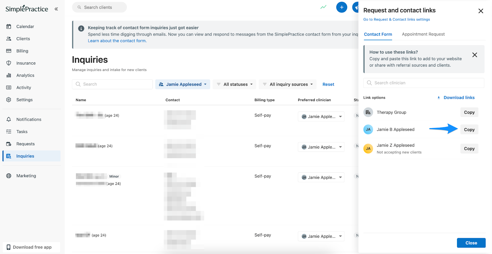 Clinician list with Copy buttons for request and contact links