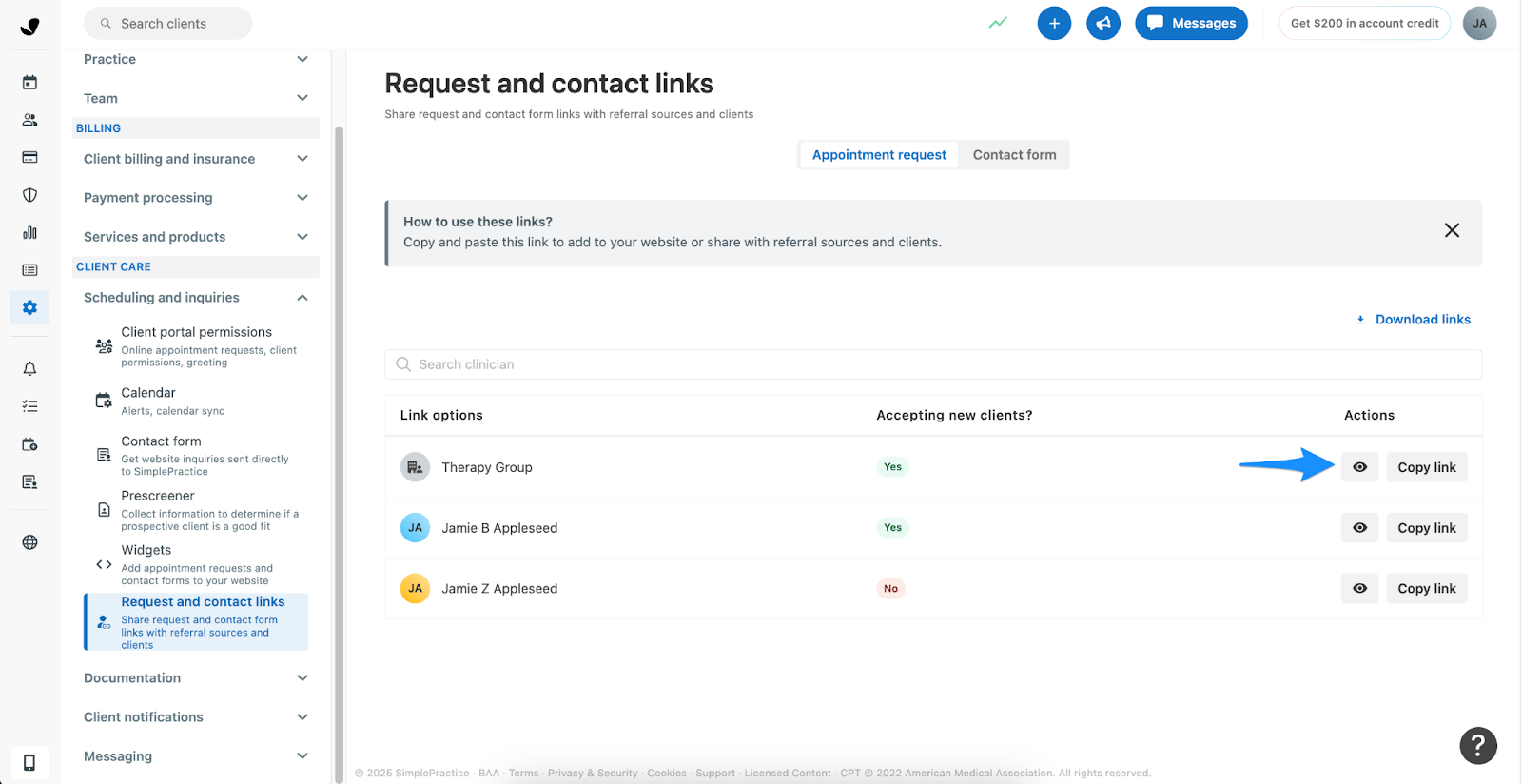 Clinician list with search field and preview icons