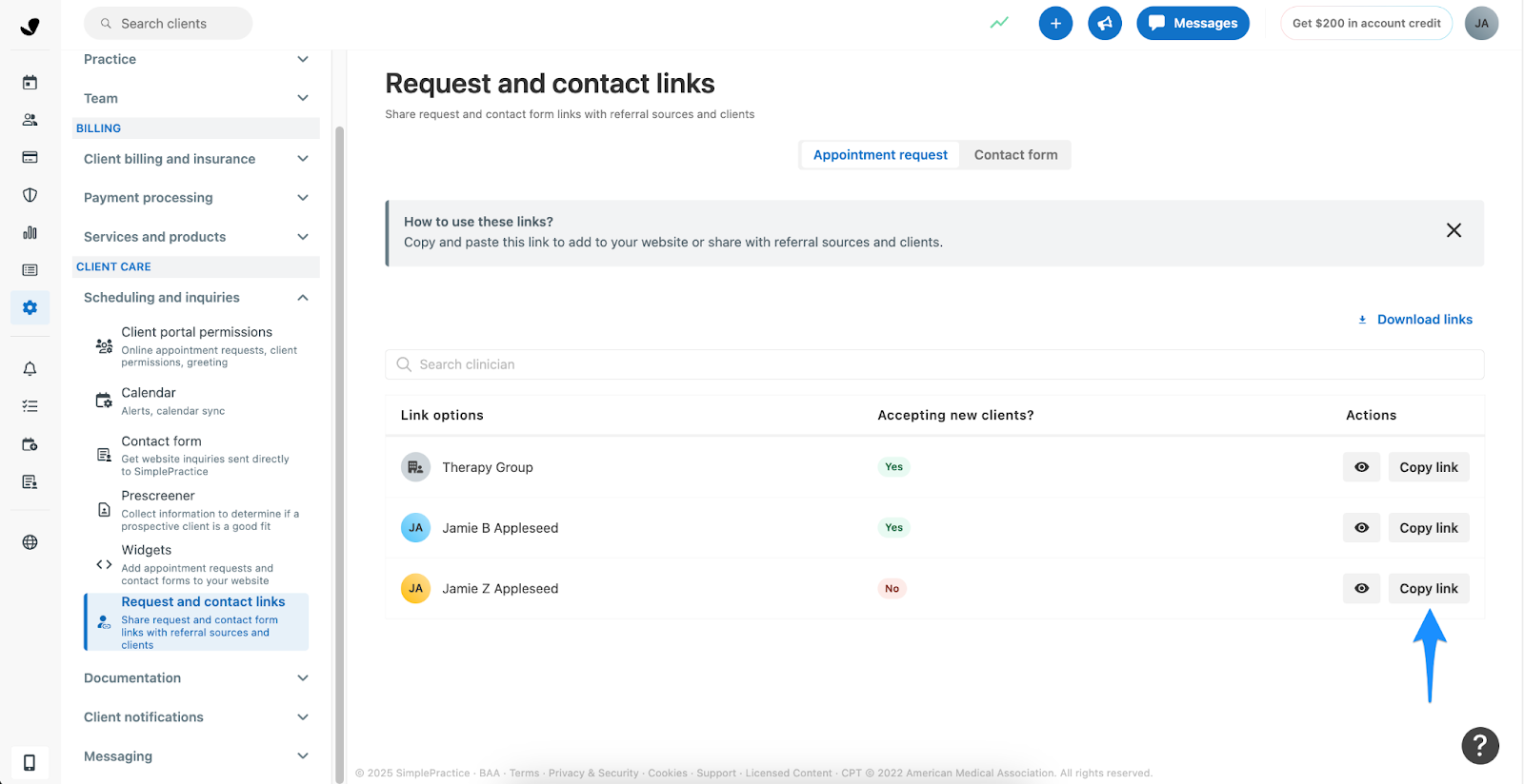 Copy link button for clinician-specific booking link