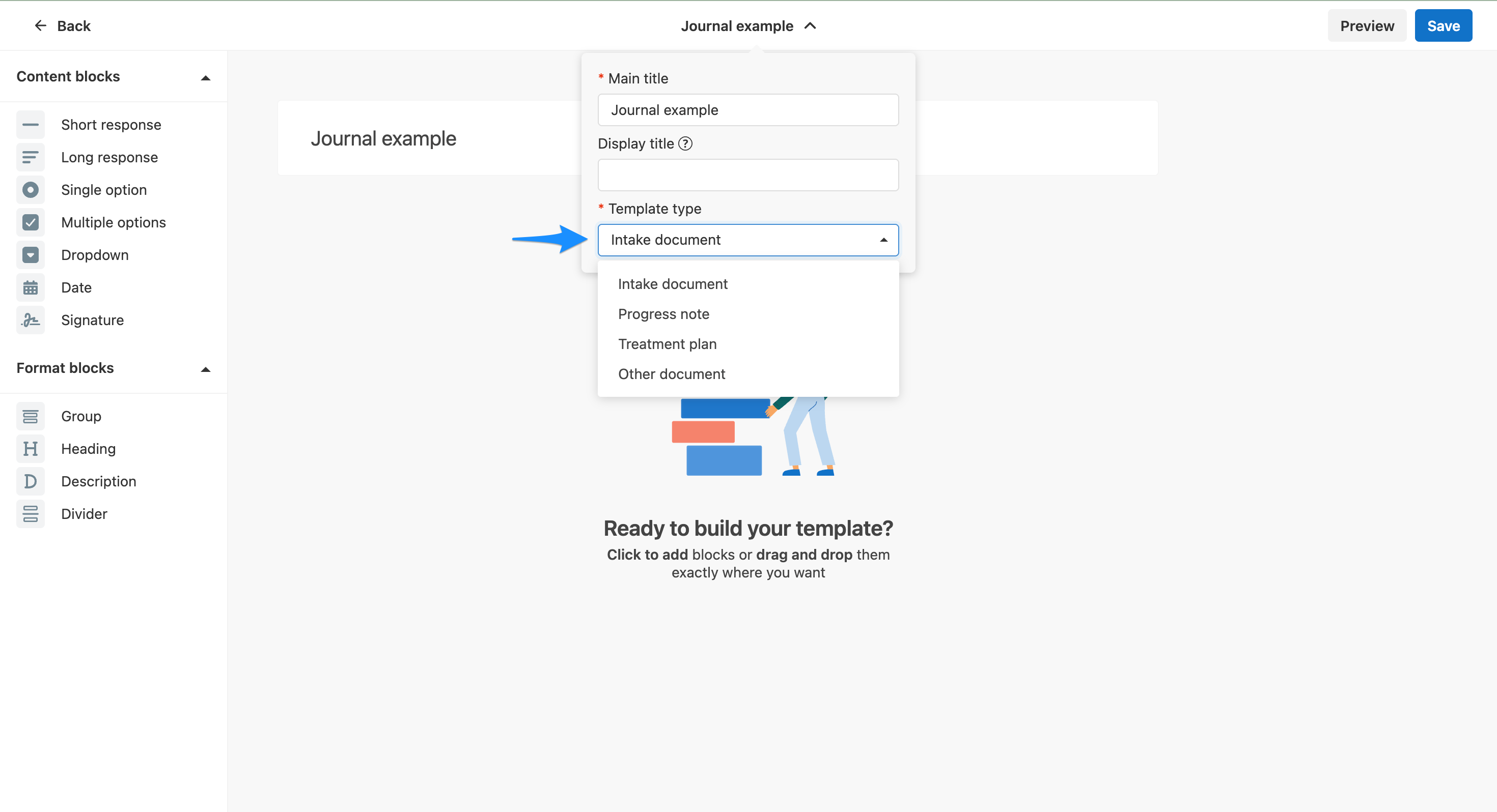 Selecting template type in Template Builder