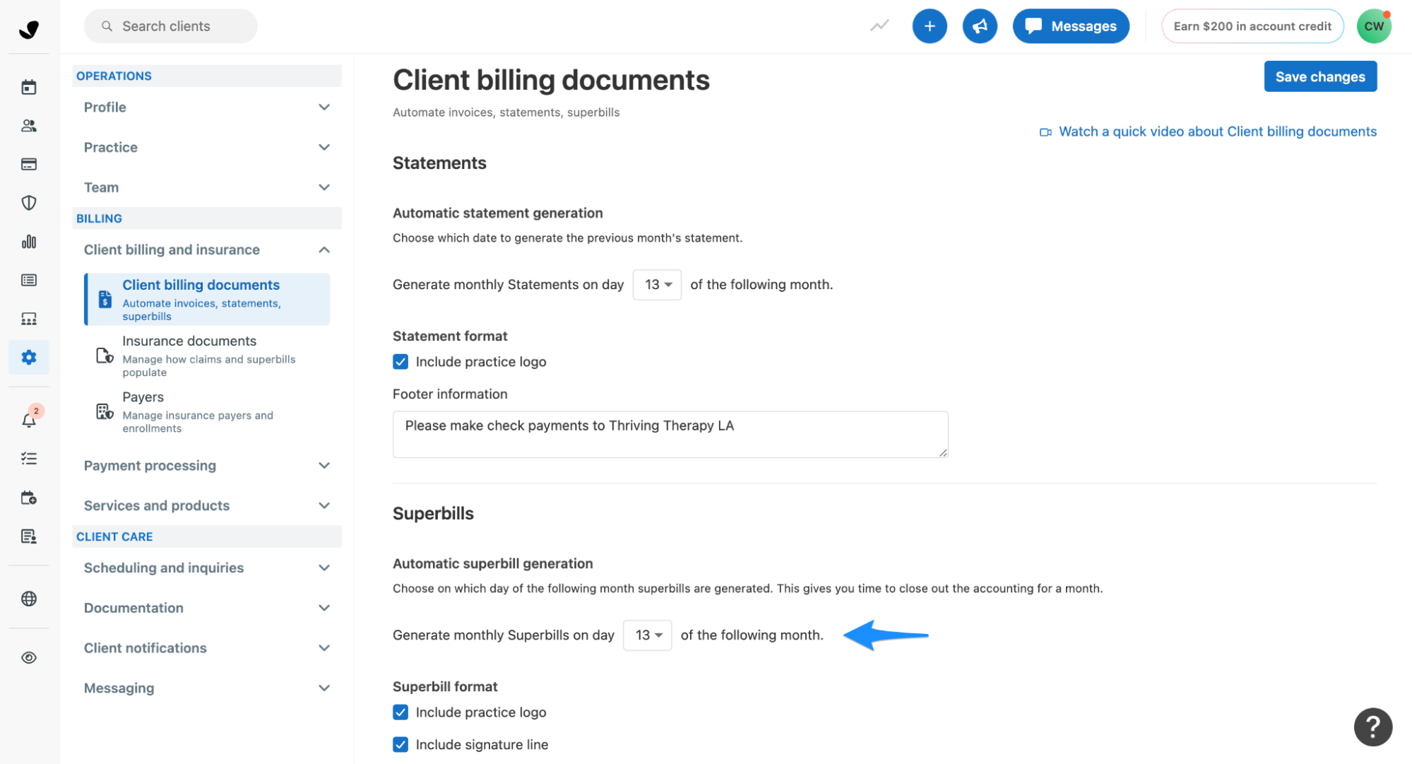 Automatic superbill creation settings showing date selection