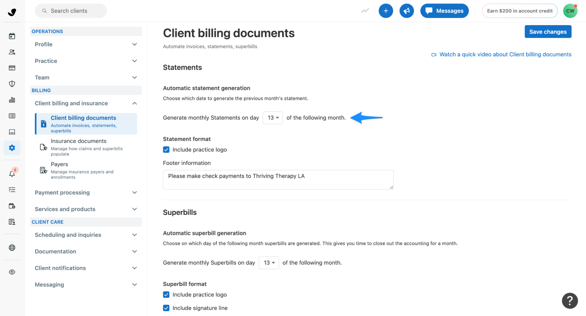 Automatic statement creation settings showing date selection