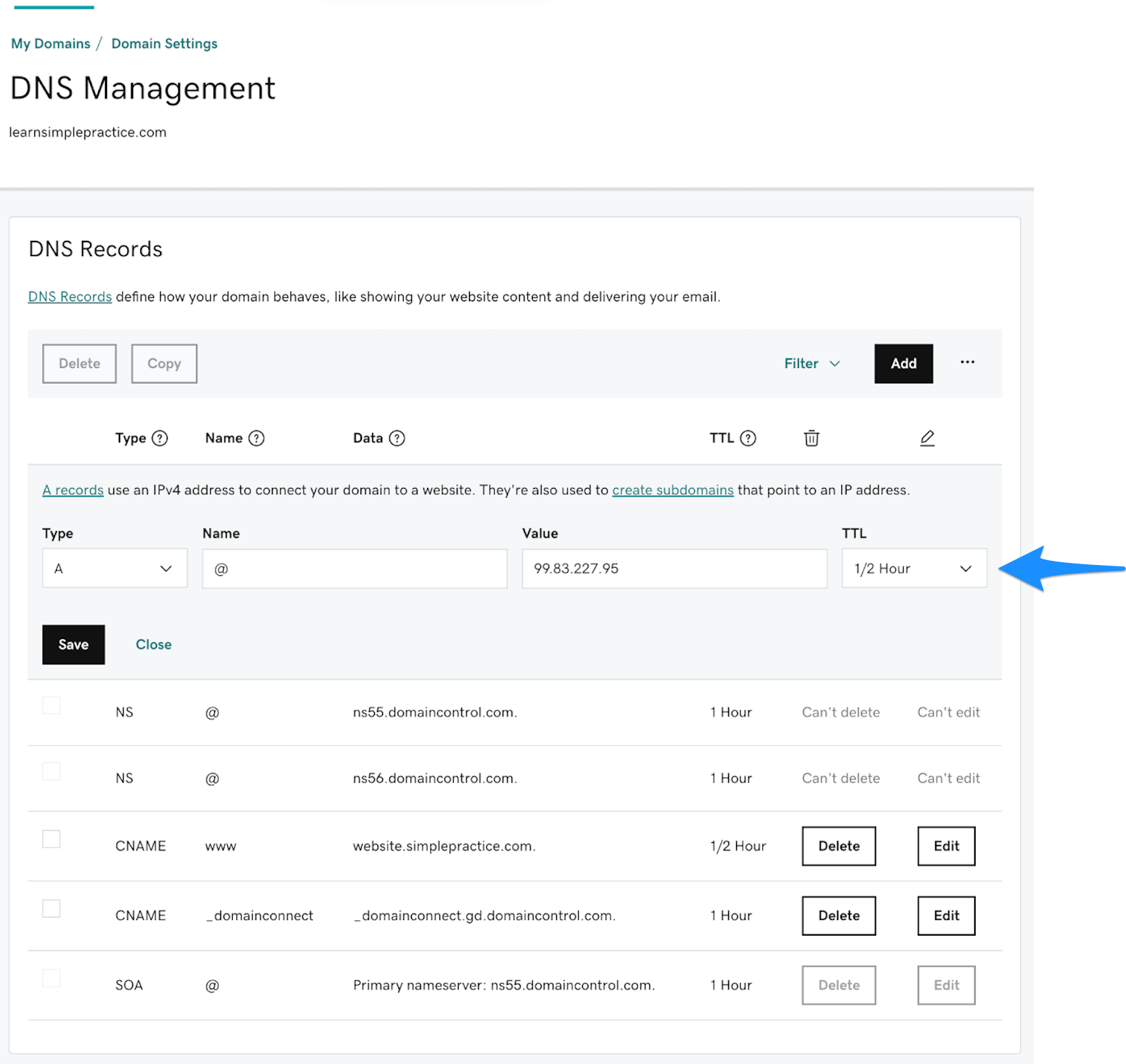 Adding a new A record in GoDaddy DNS settings