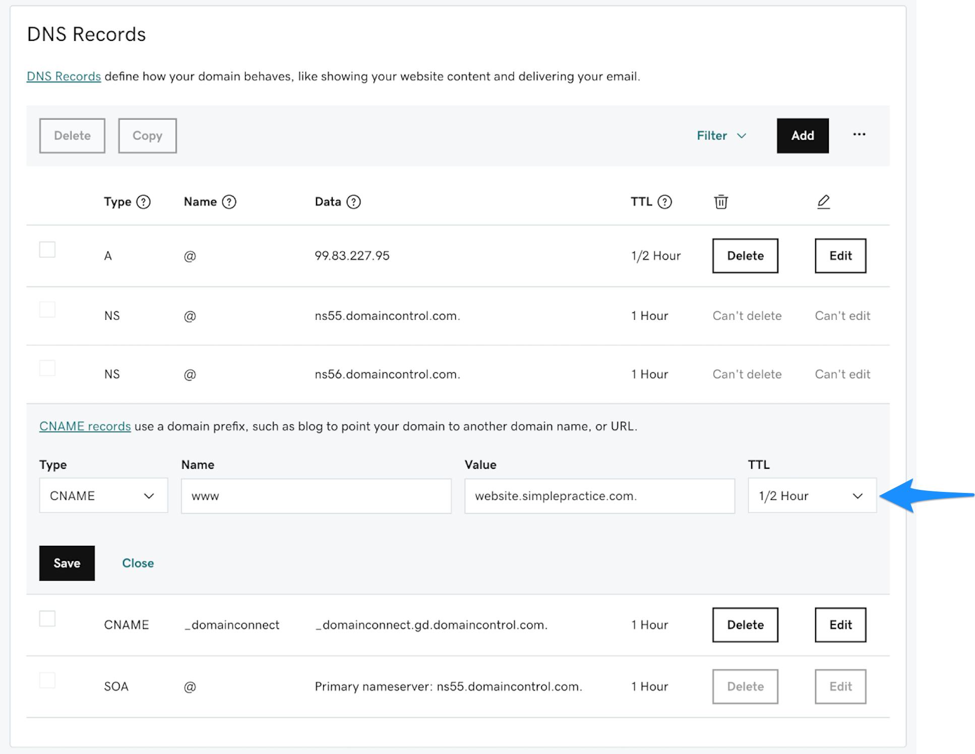 Adding or editing a CNAME record in GoDaddy DNS settings