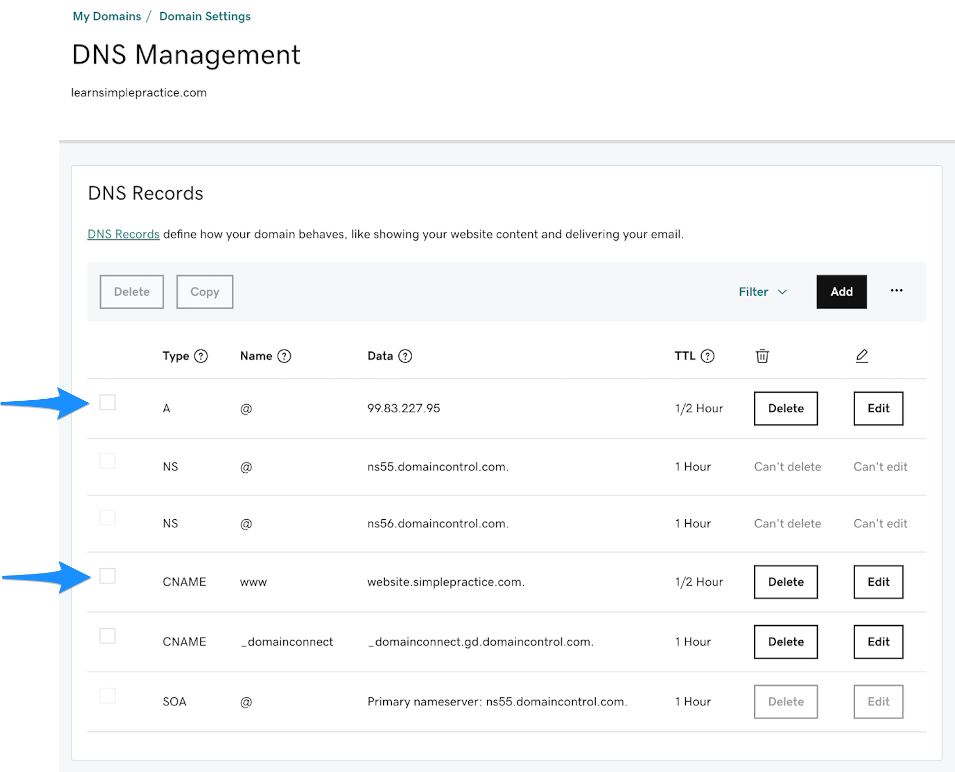 GoDaddy DNS records showing completed A and CNAME records