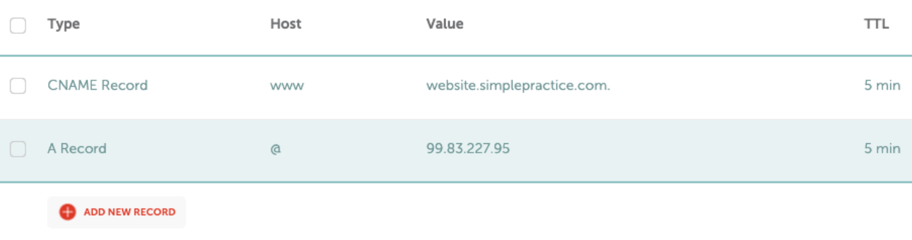 Example of completed DNS records with A and CNAME entries