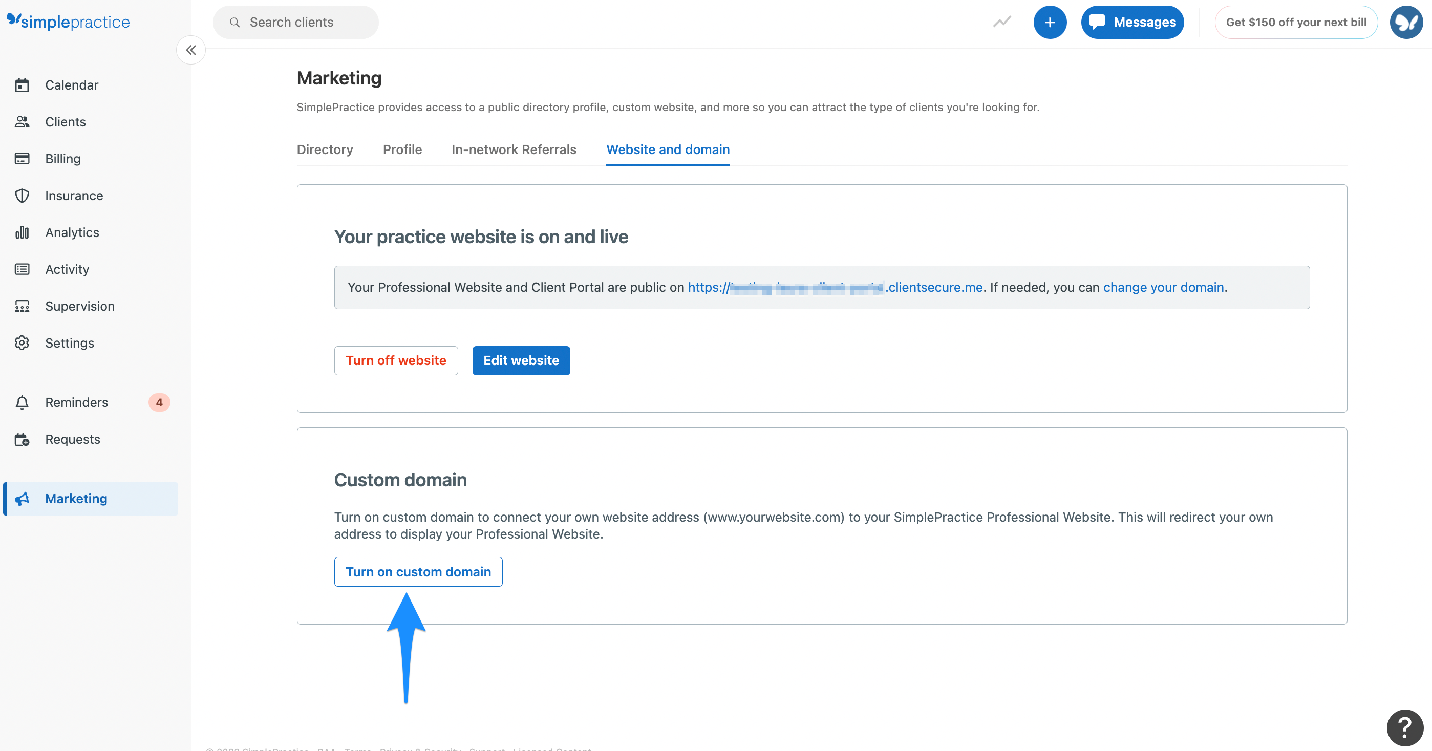 Turn on custom domain button in SimplePractice