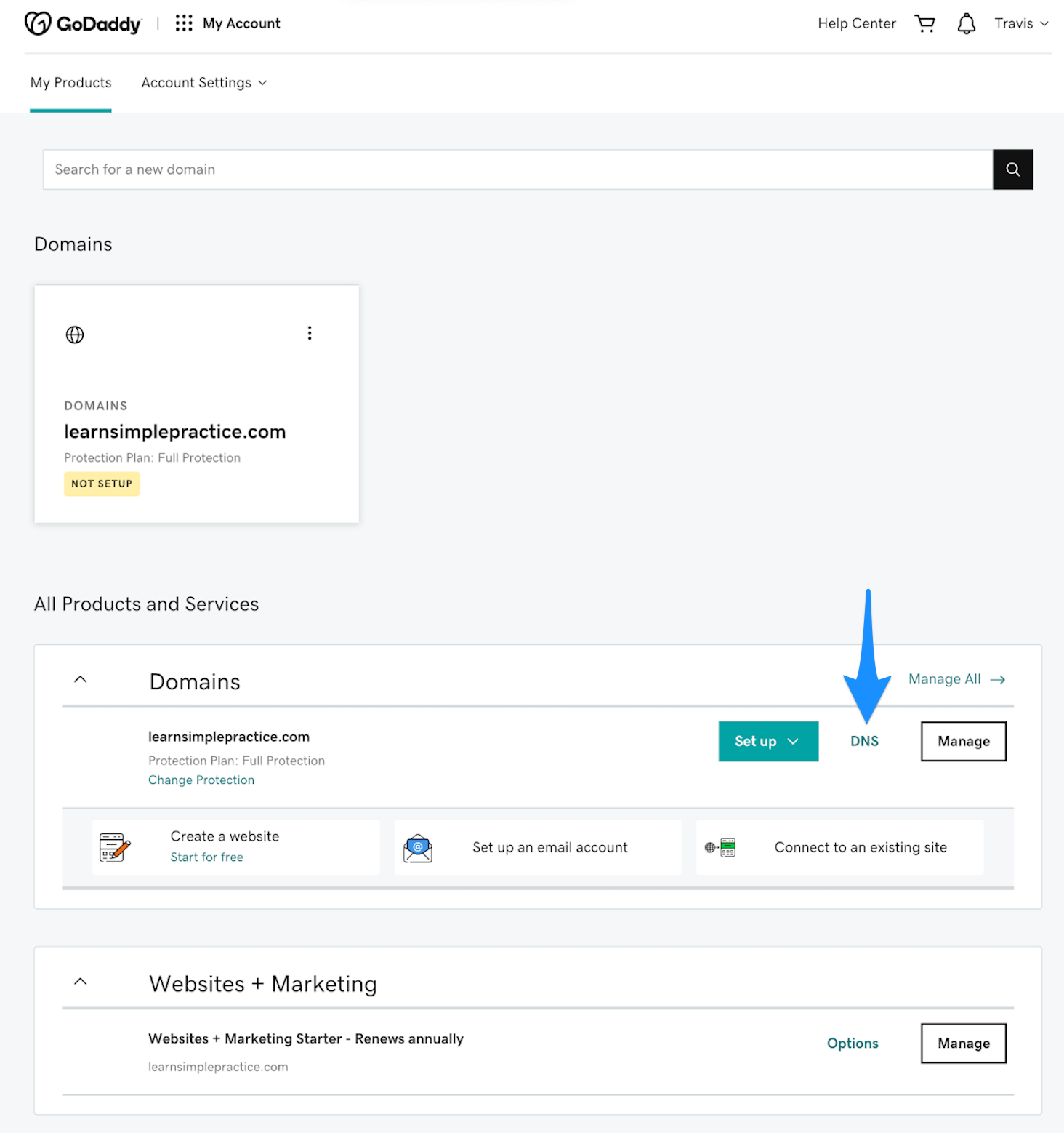 GoDaddy DNS settings page for a selected domain