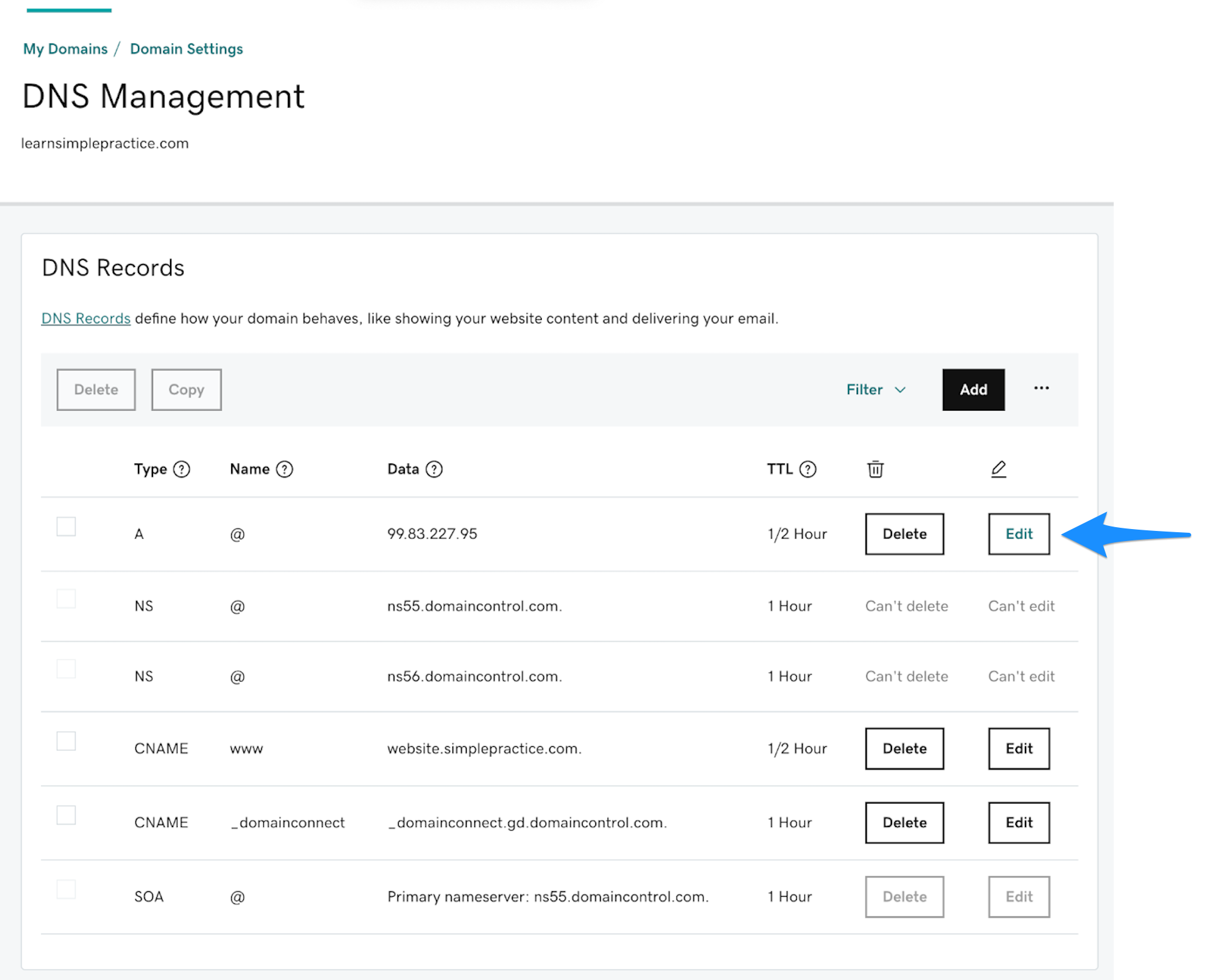 Editing an A record in GoDaddy DNS settings