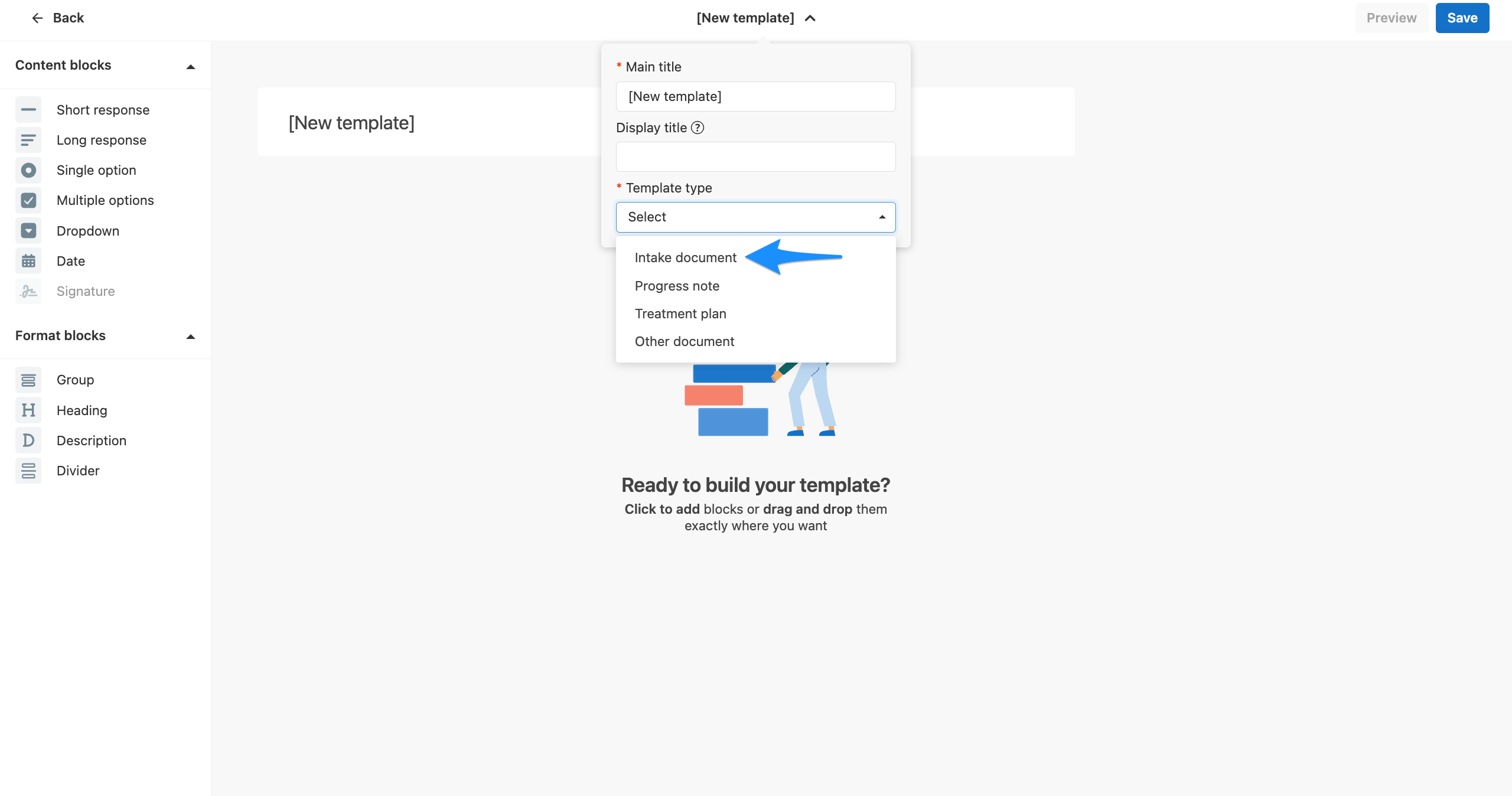Template type dropdown menu in the template builder
