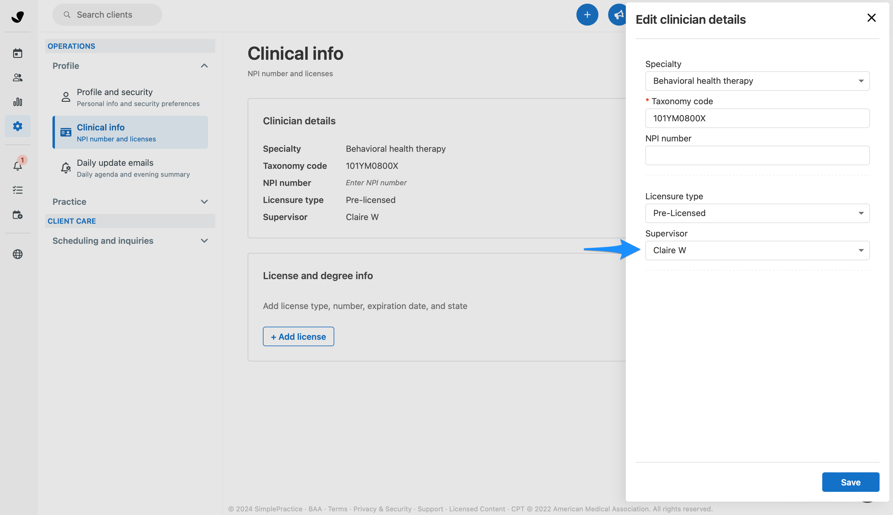 Clinician details settings showing Pre-Licensed licensure type and Supervisor selection