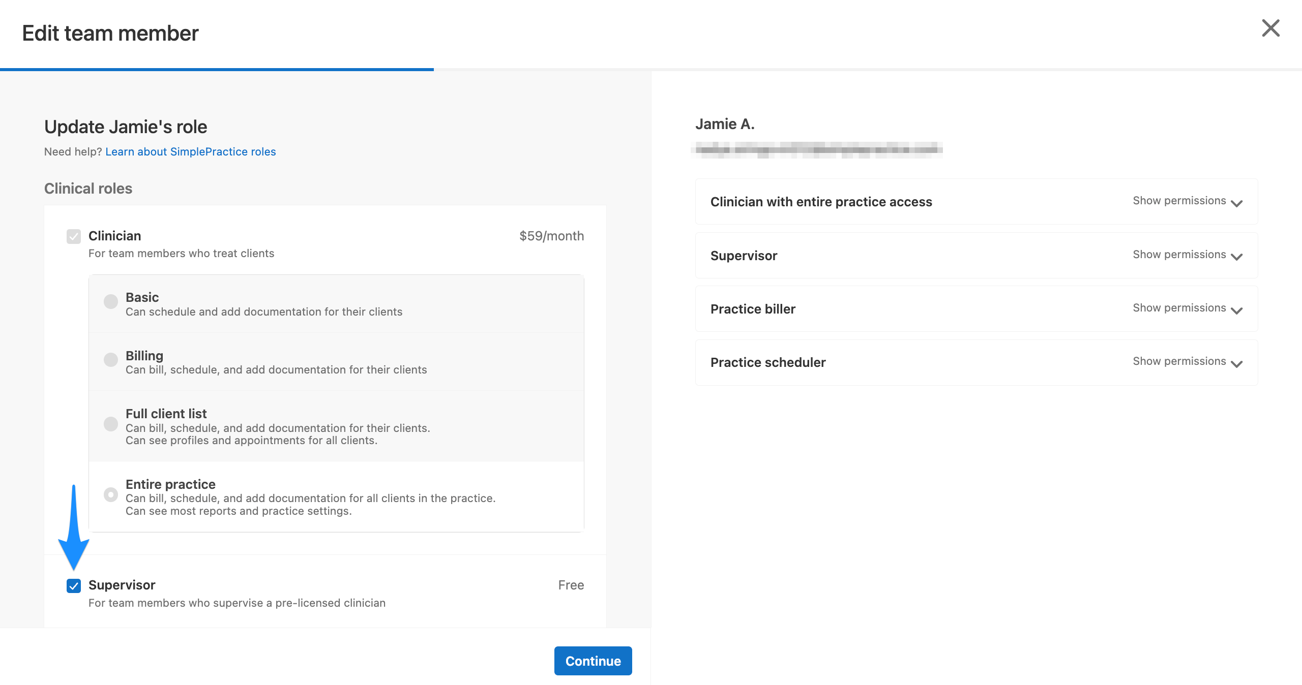 Team member settings showing the Supervisor role option