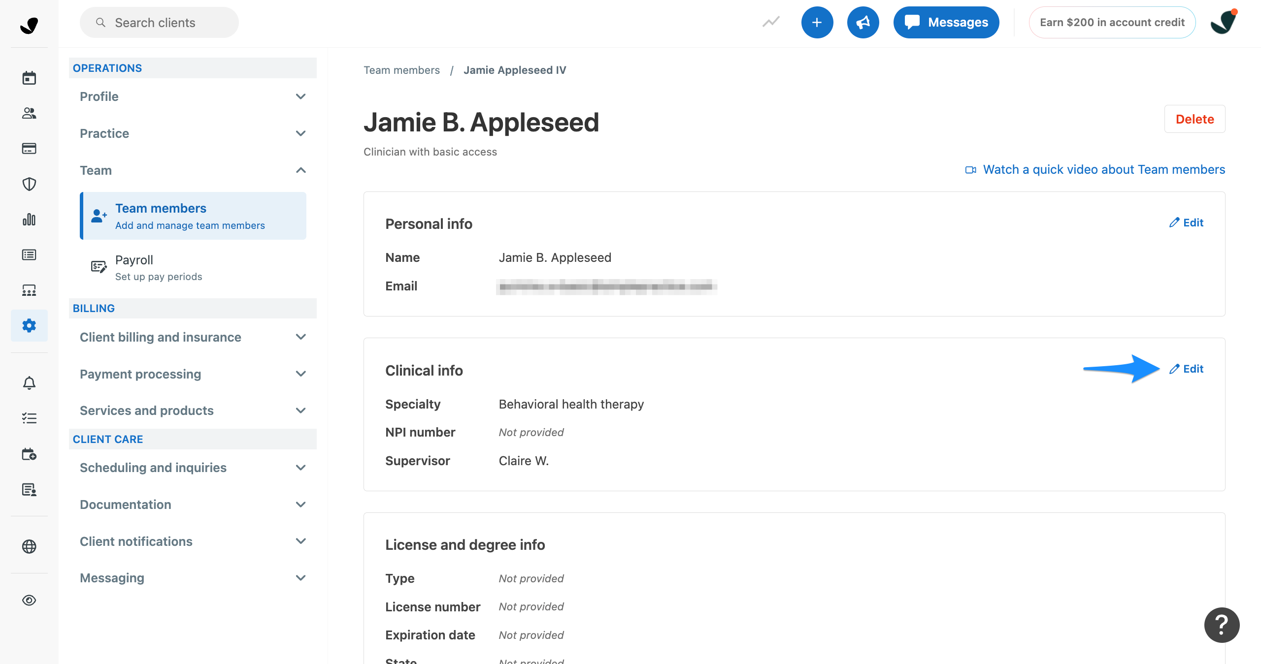 Team member page showing the Clinical info section with an Edit option