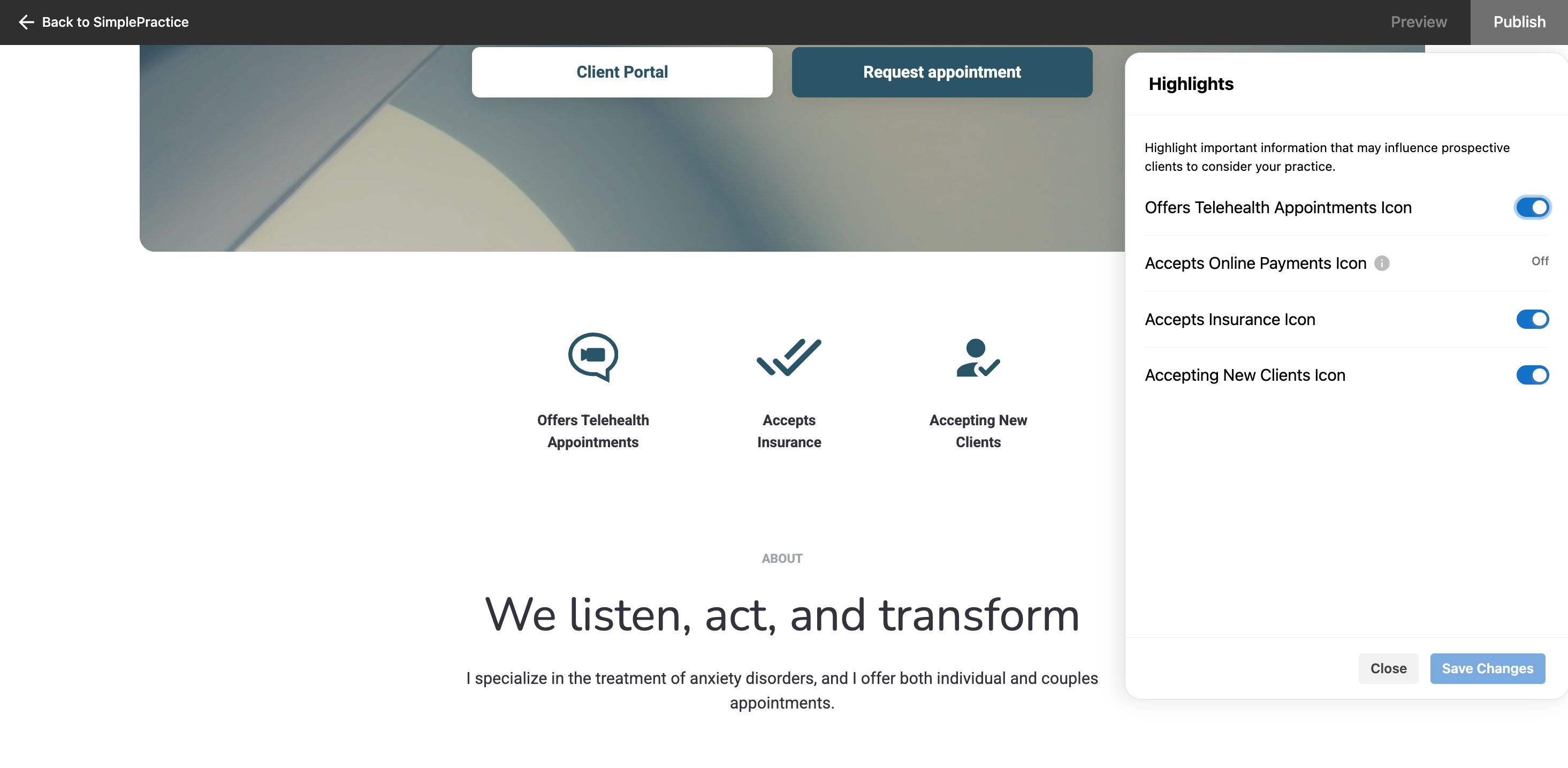 Highlights section showing icons for telehealth, payments, insurance, and accepting new clients