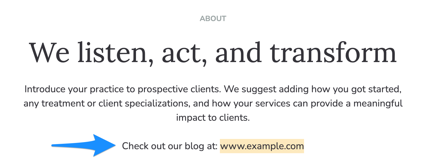 Example of a blog URL displayed as plain text in the About section