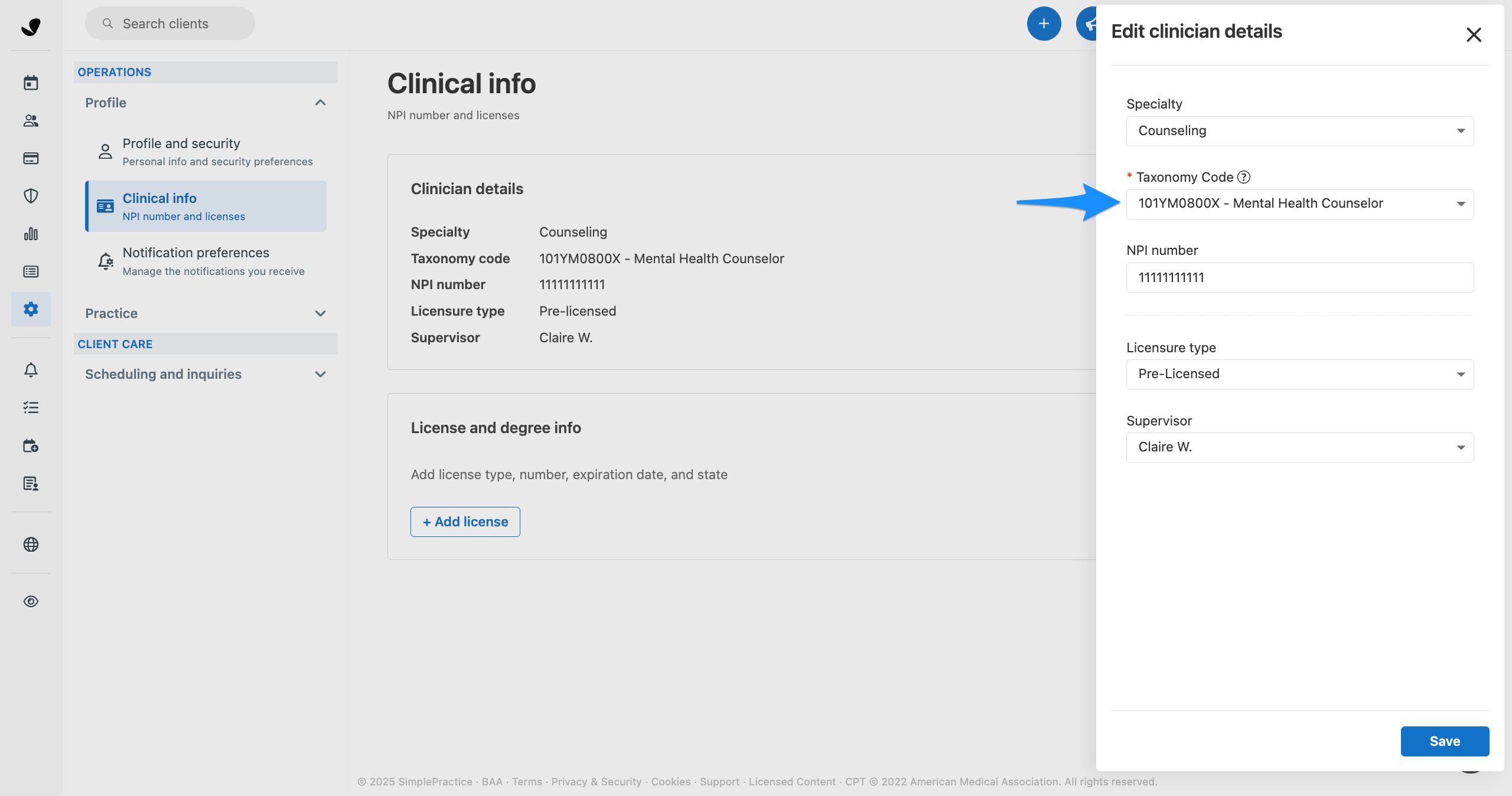 Clinical info settings showing the taxonomy code field