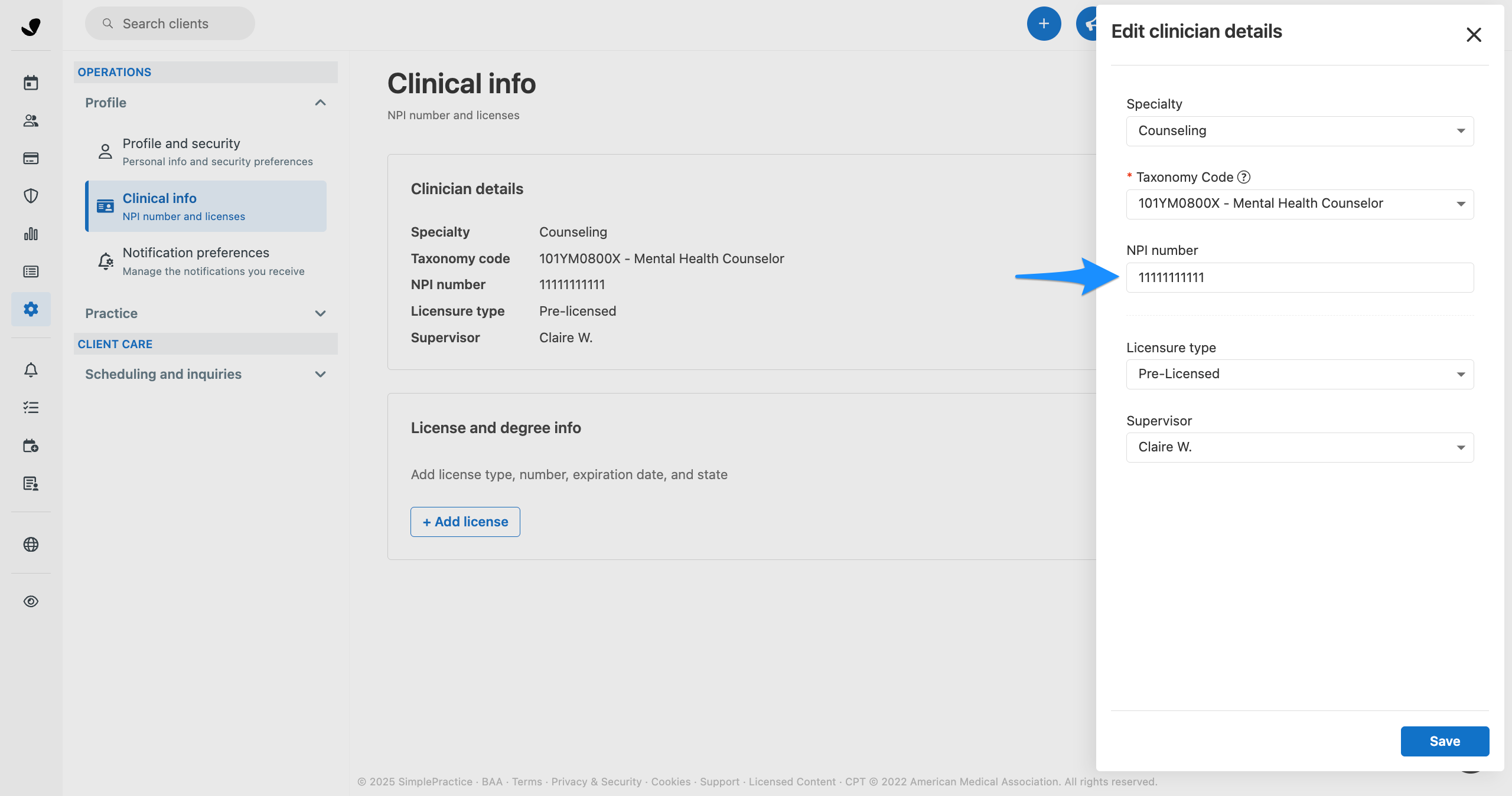 Clinical info settings showing the NPI field completed