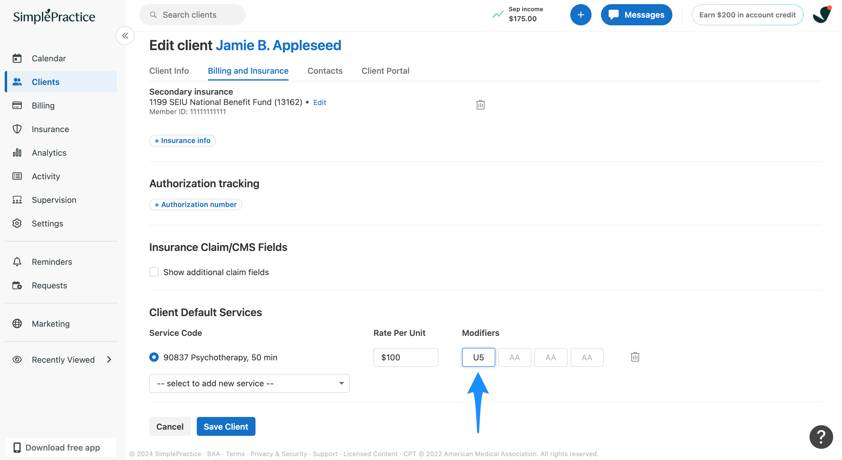Client Billing and Insurance settings showing U5 as a default modifier for services