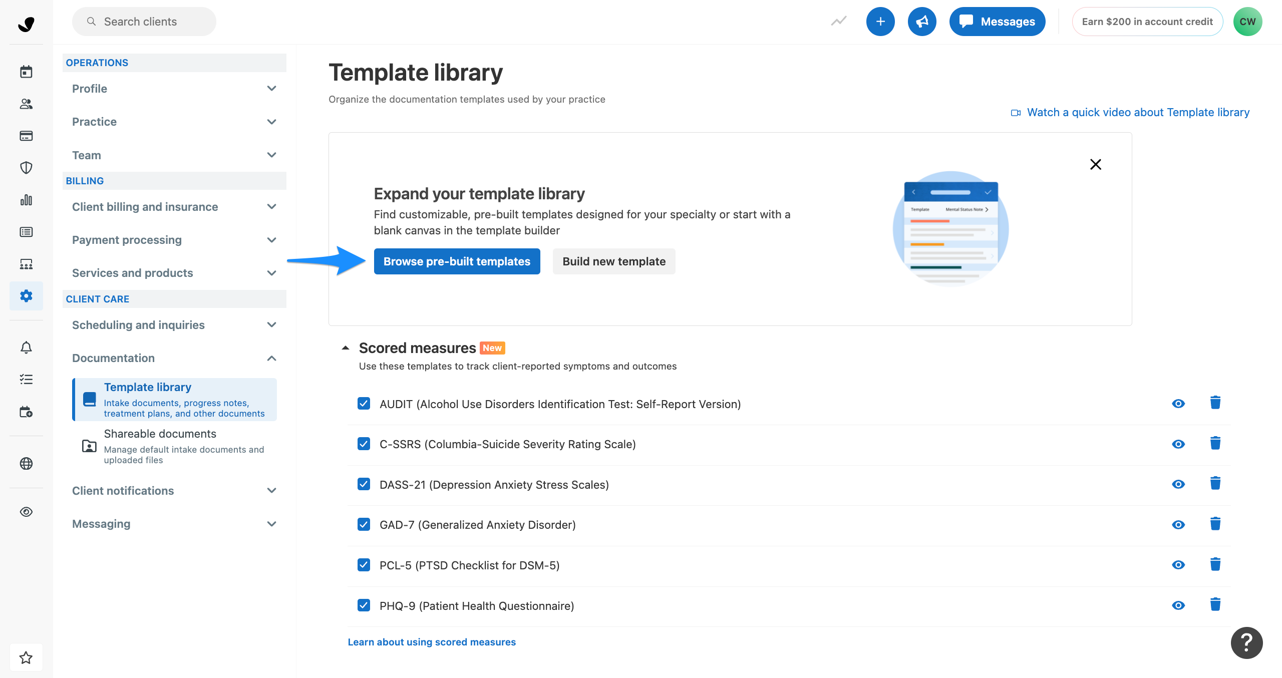 Template Library page showing the Browse pre-built templates option