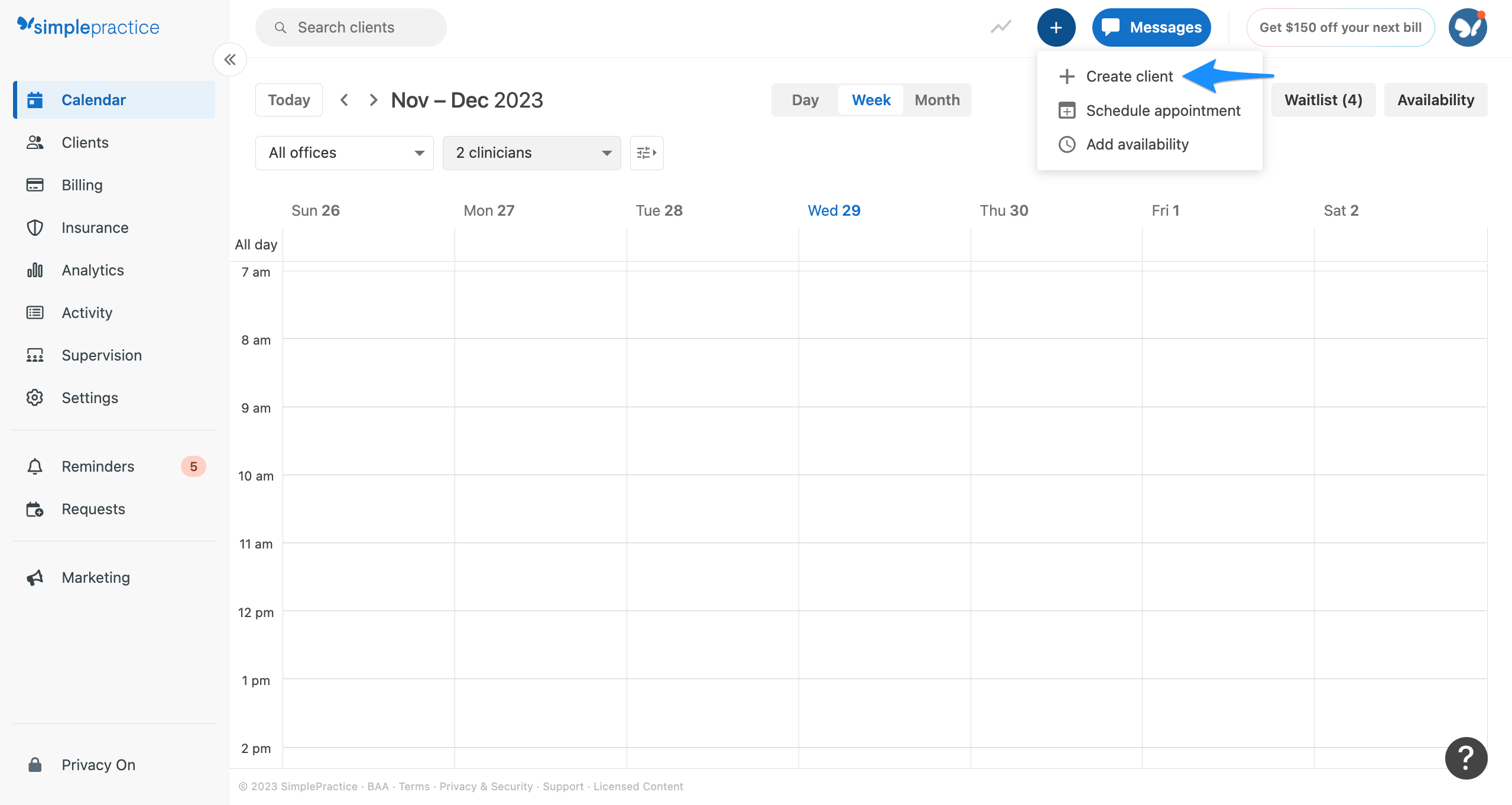 Create client option accessed from the plus button in SimplePractice