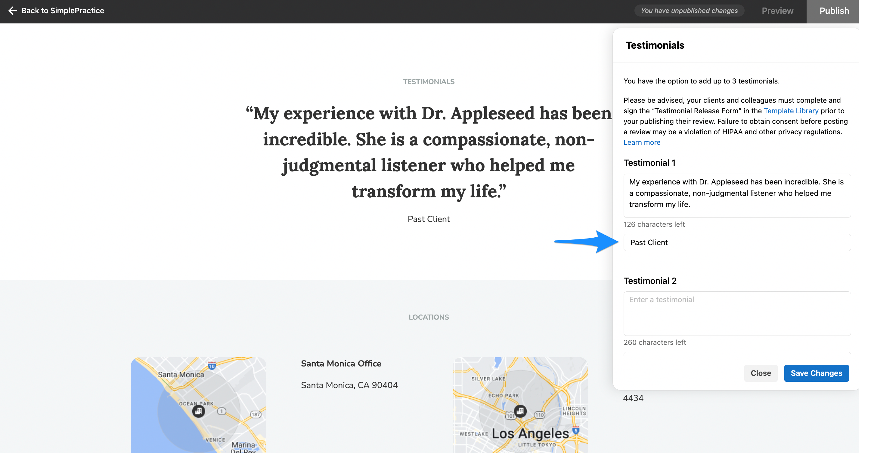 Testimonials section editor showing fields for testimonial text and author