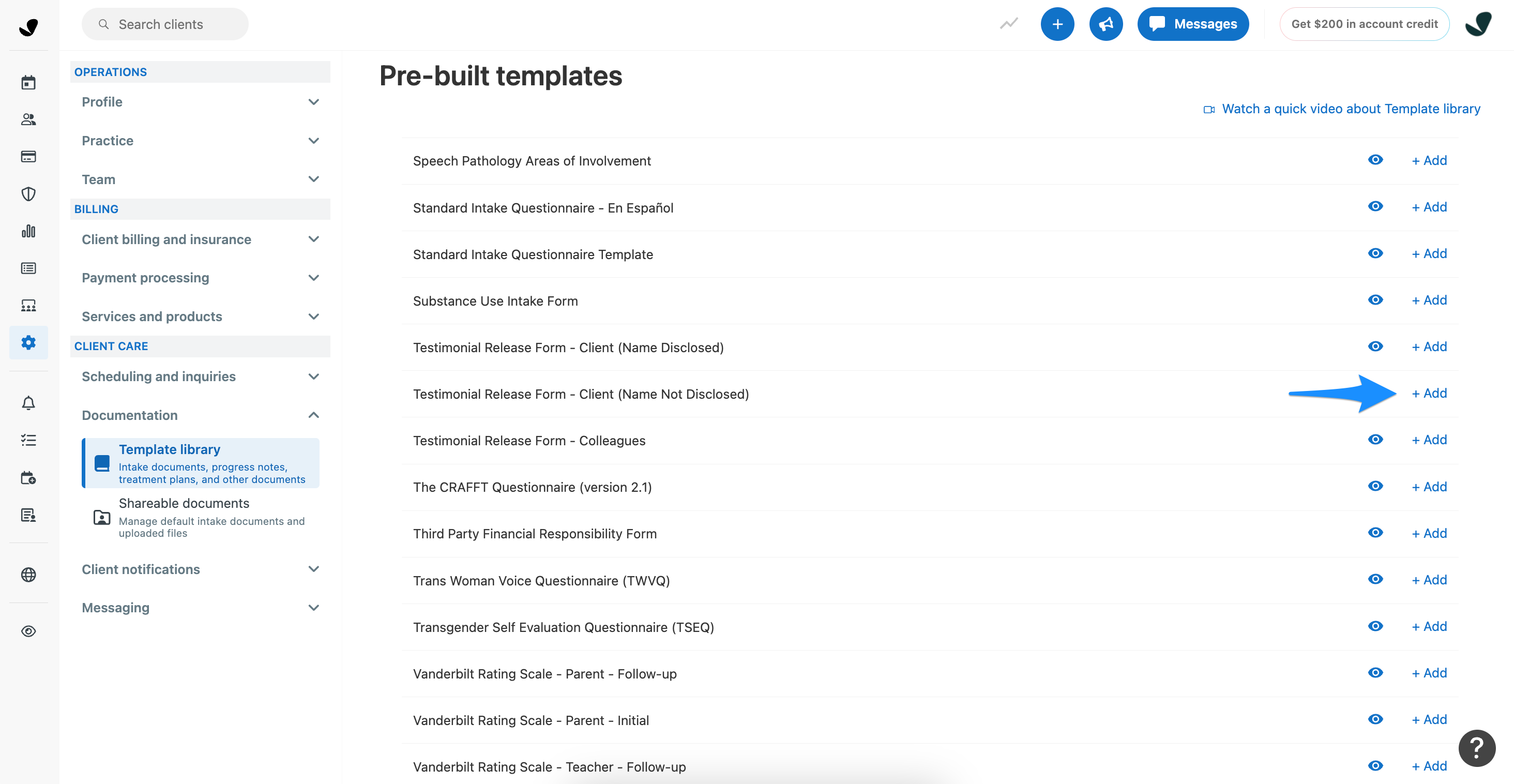 Adding the Testimonial Release Form - Client from the template library