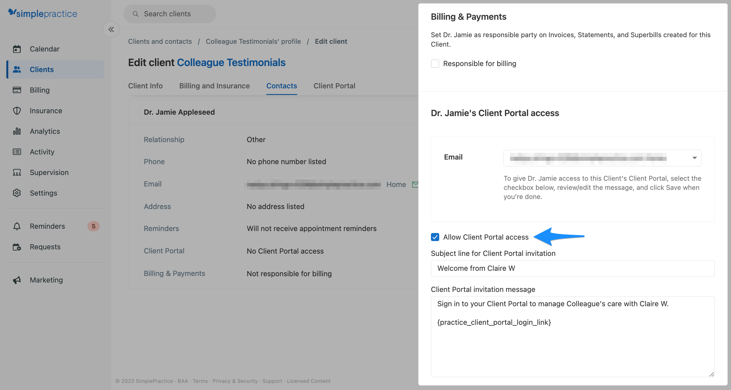 Allow Client Portal access checkbox in Manage Client Portal and Billing