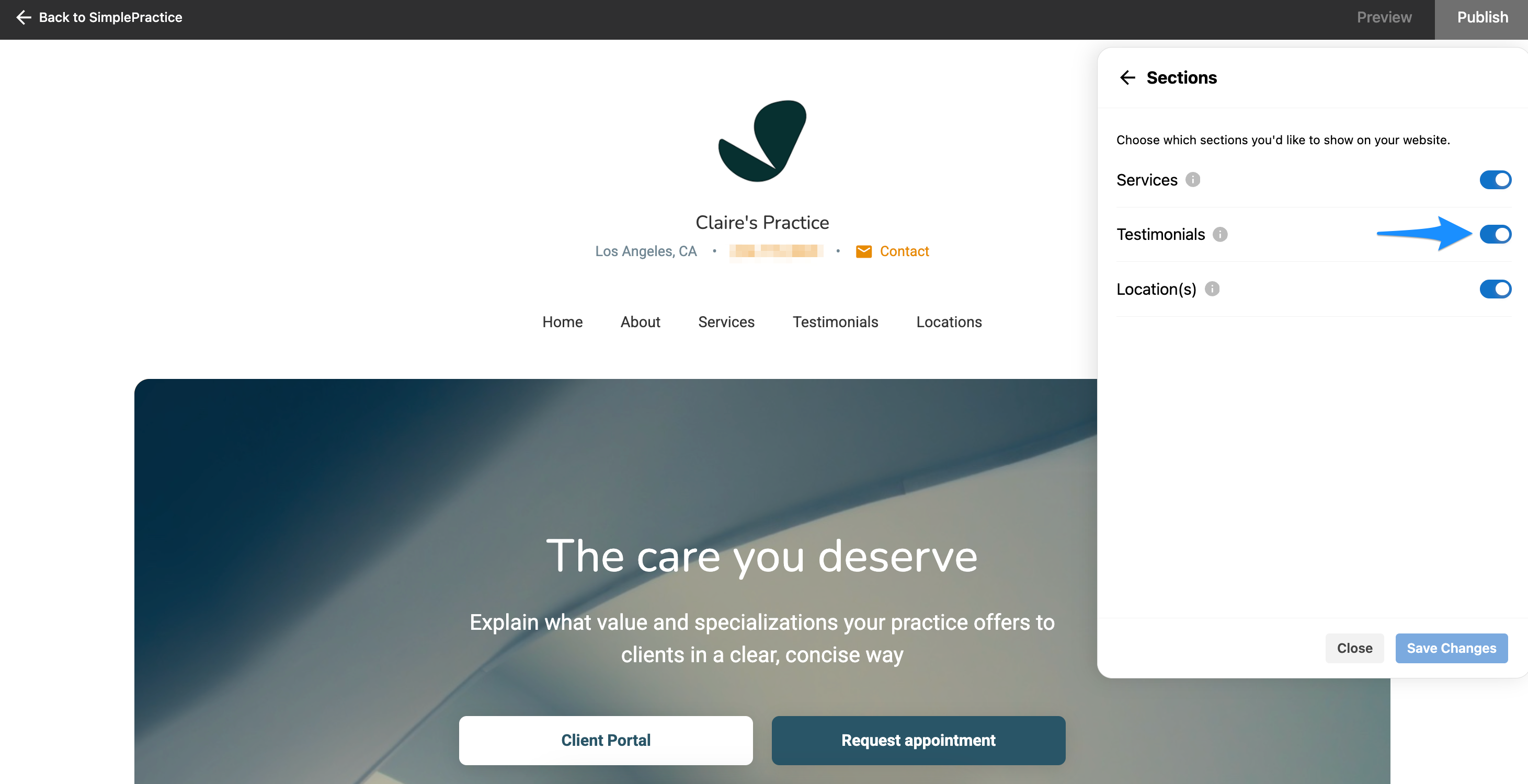 Website editor showing the Testimonials section toggle