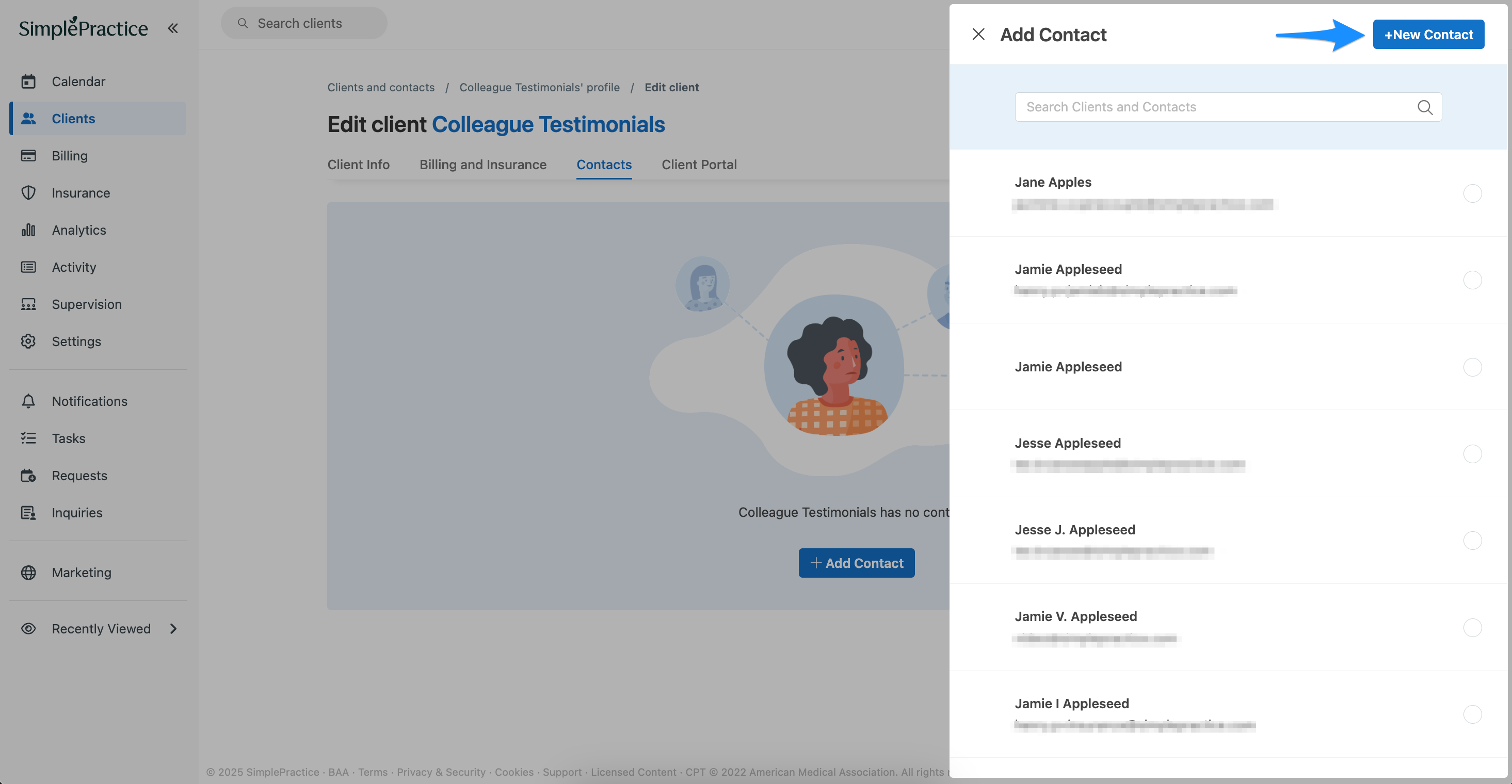 Adding a new contact to the Colleague Testimonials client profile