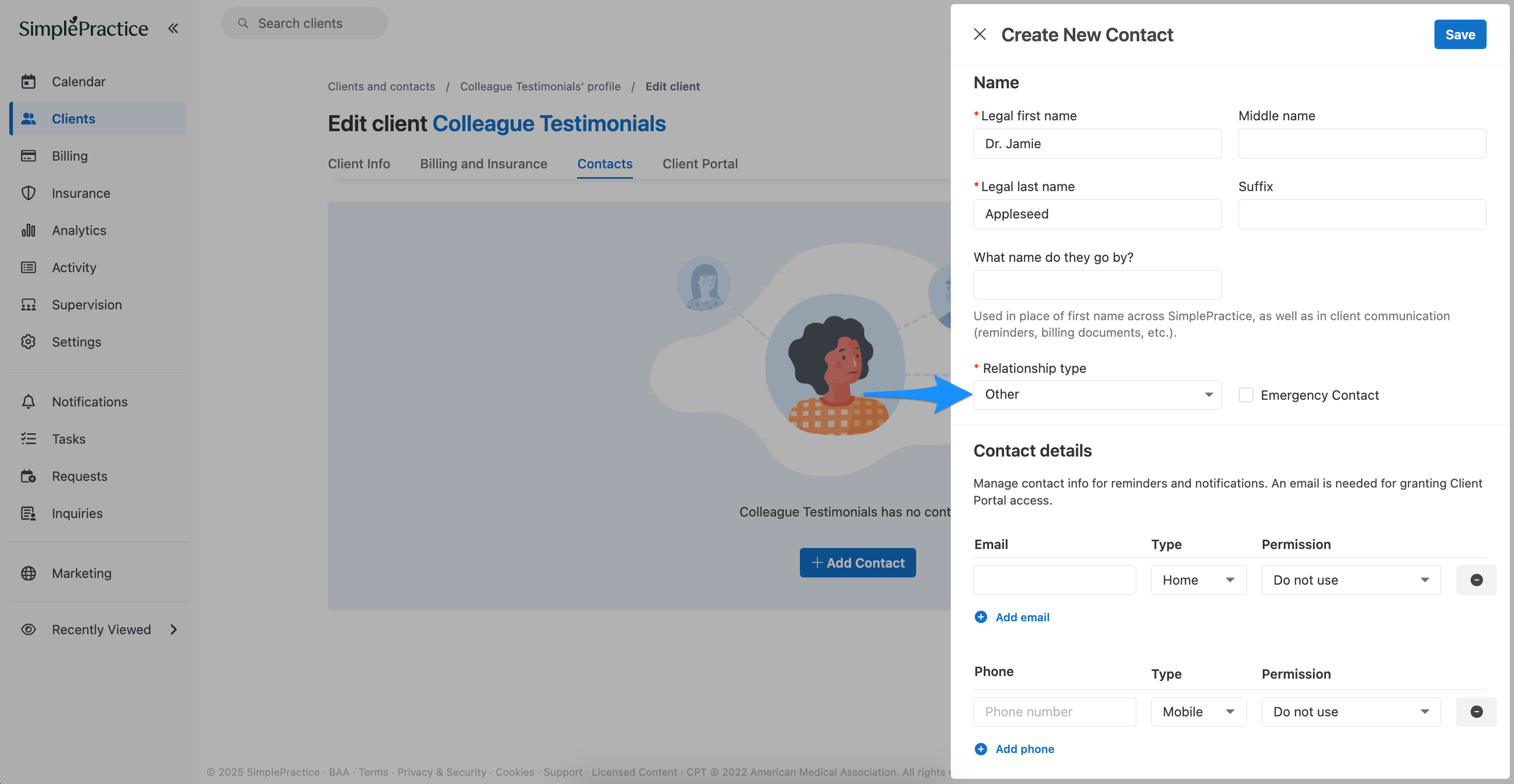Setting relationship type to Other for a colleague contact