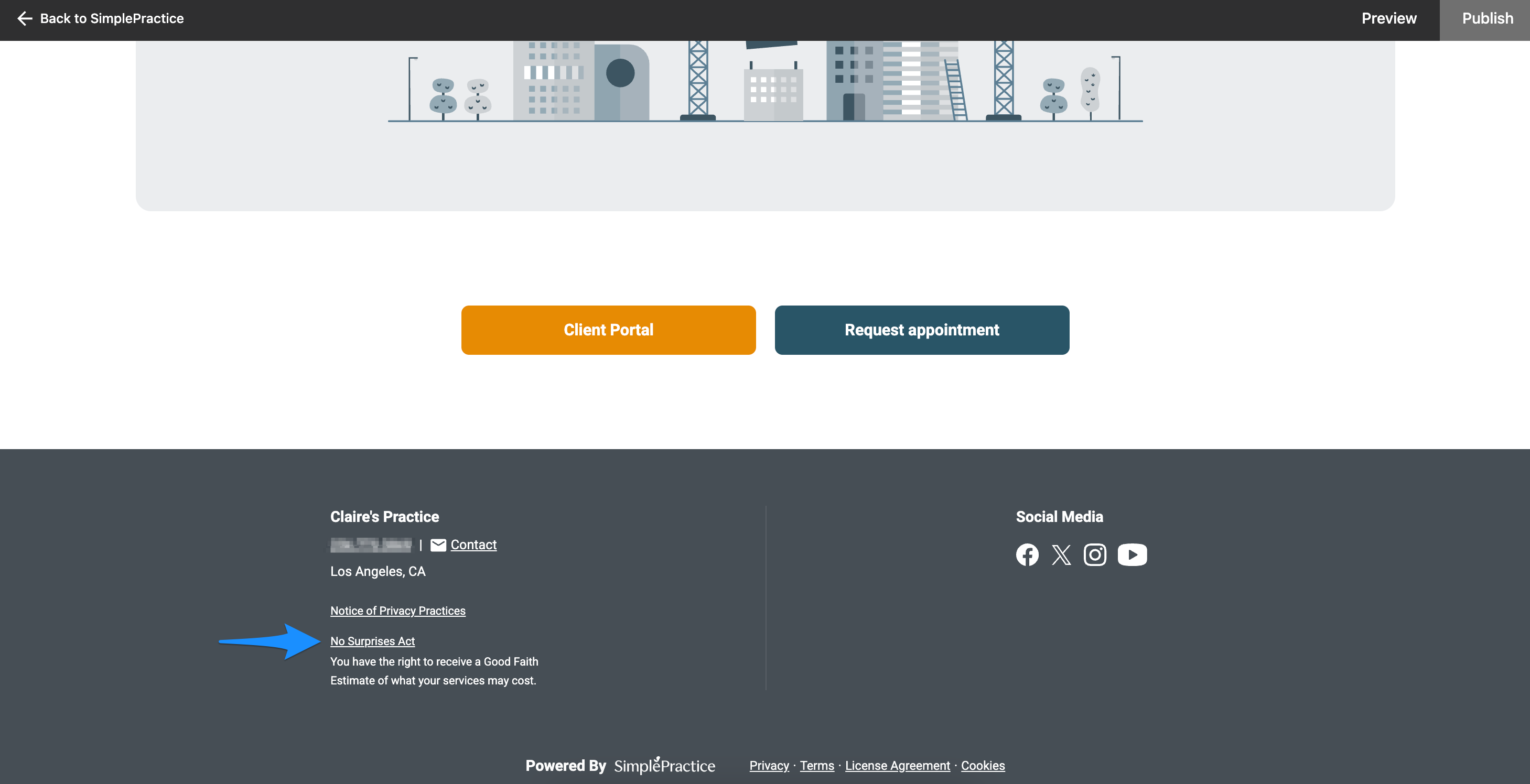 Professional Website footer showing No Surprises Act and Good Faith Estimate information