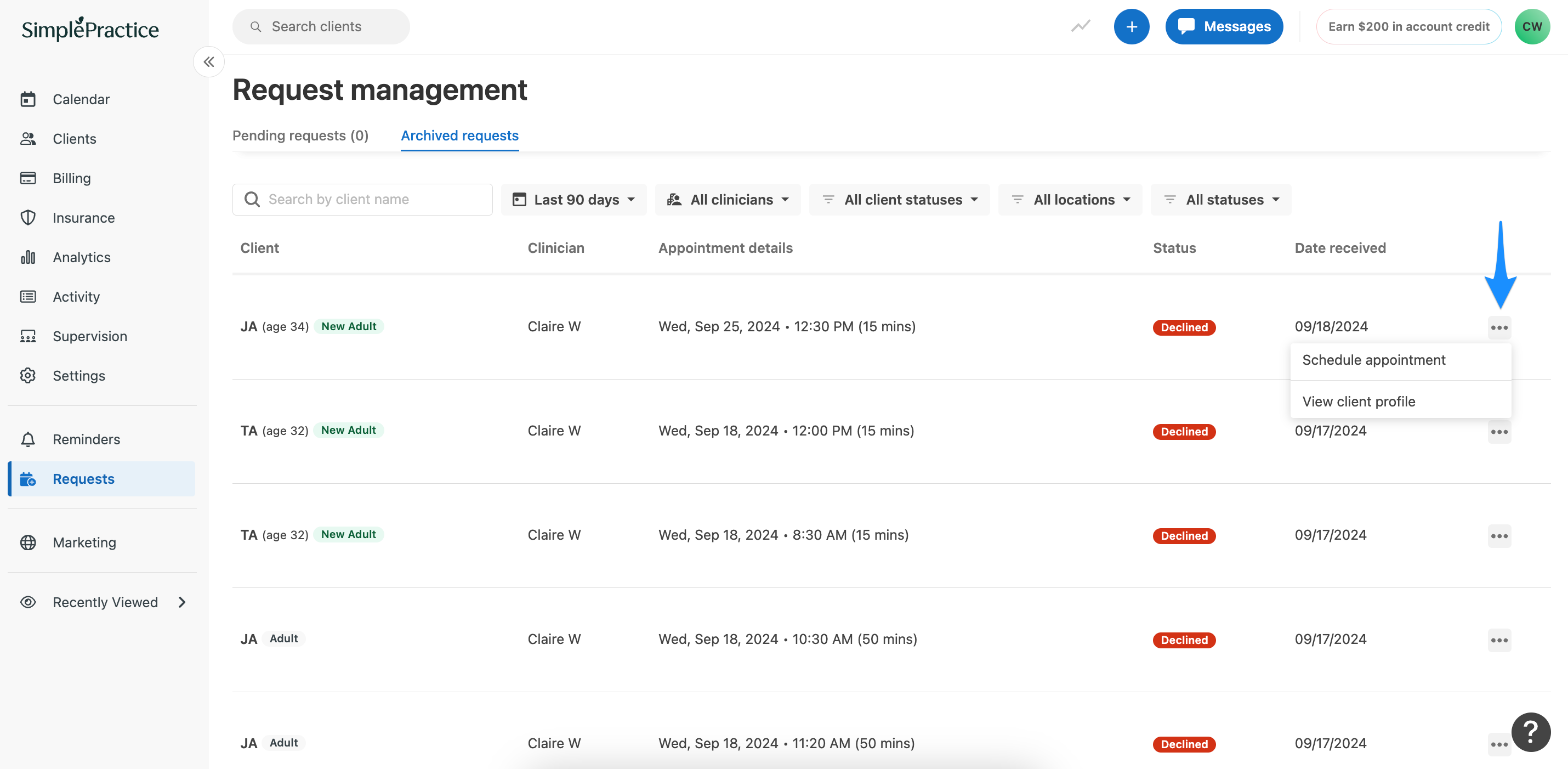 Archived requests list with action menu options