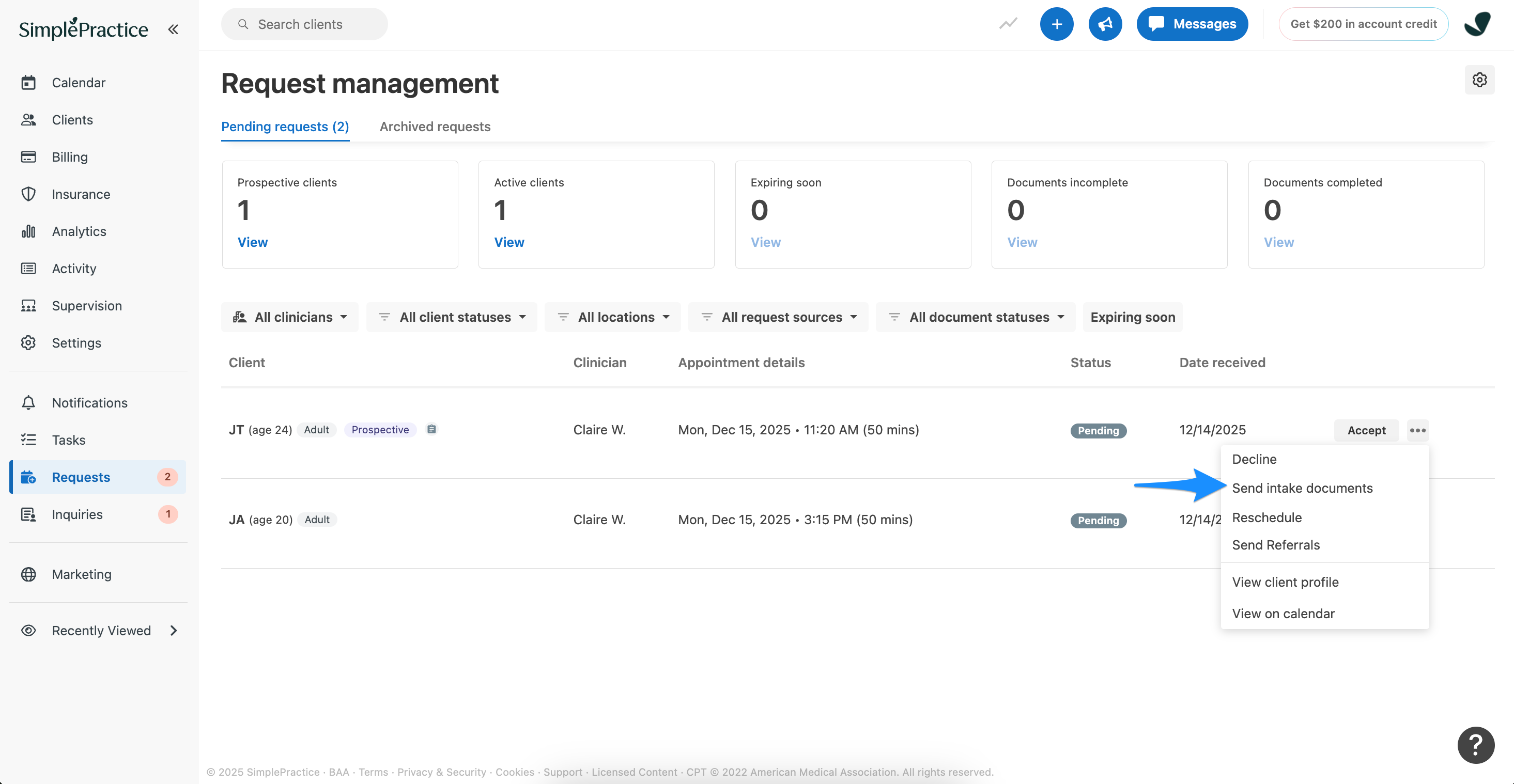 Send intake documents option from request menu