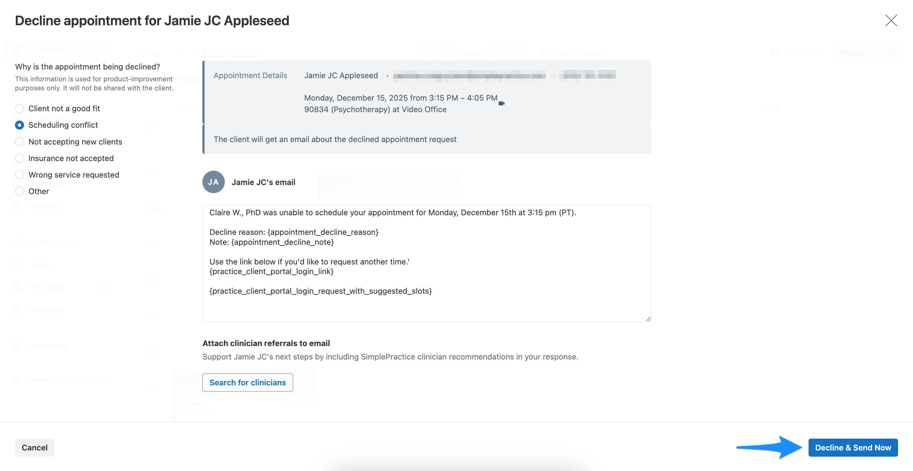 Decline and send appointment email screen