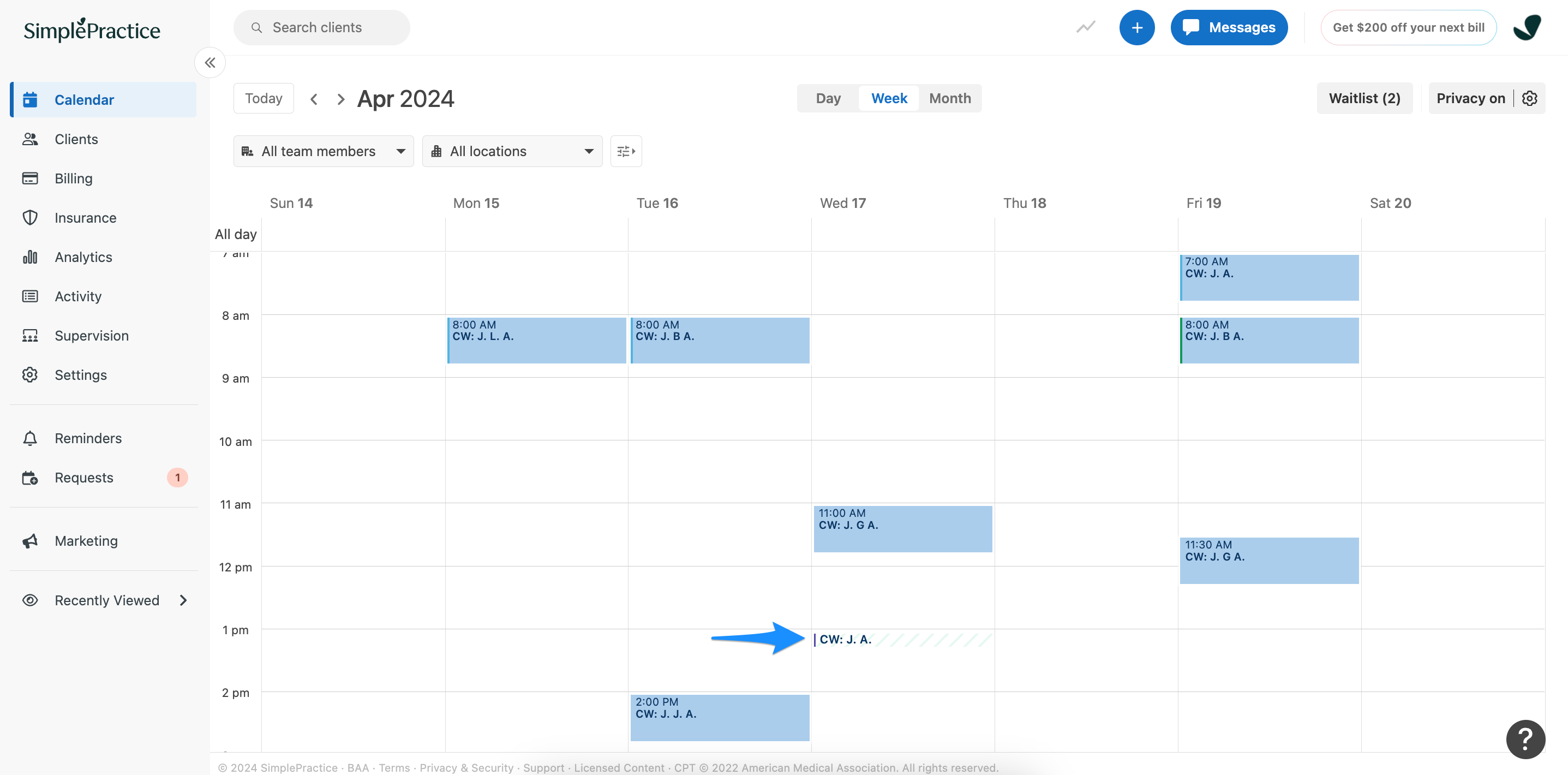 Calendar view showing pending appointment requests with diagonal lines