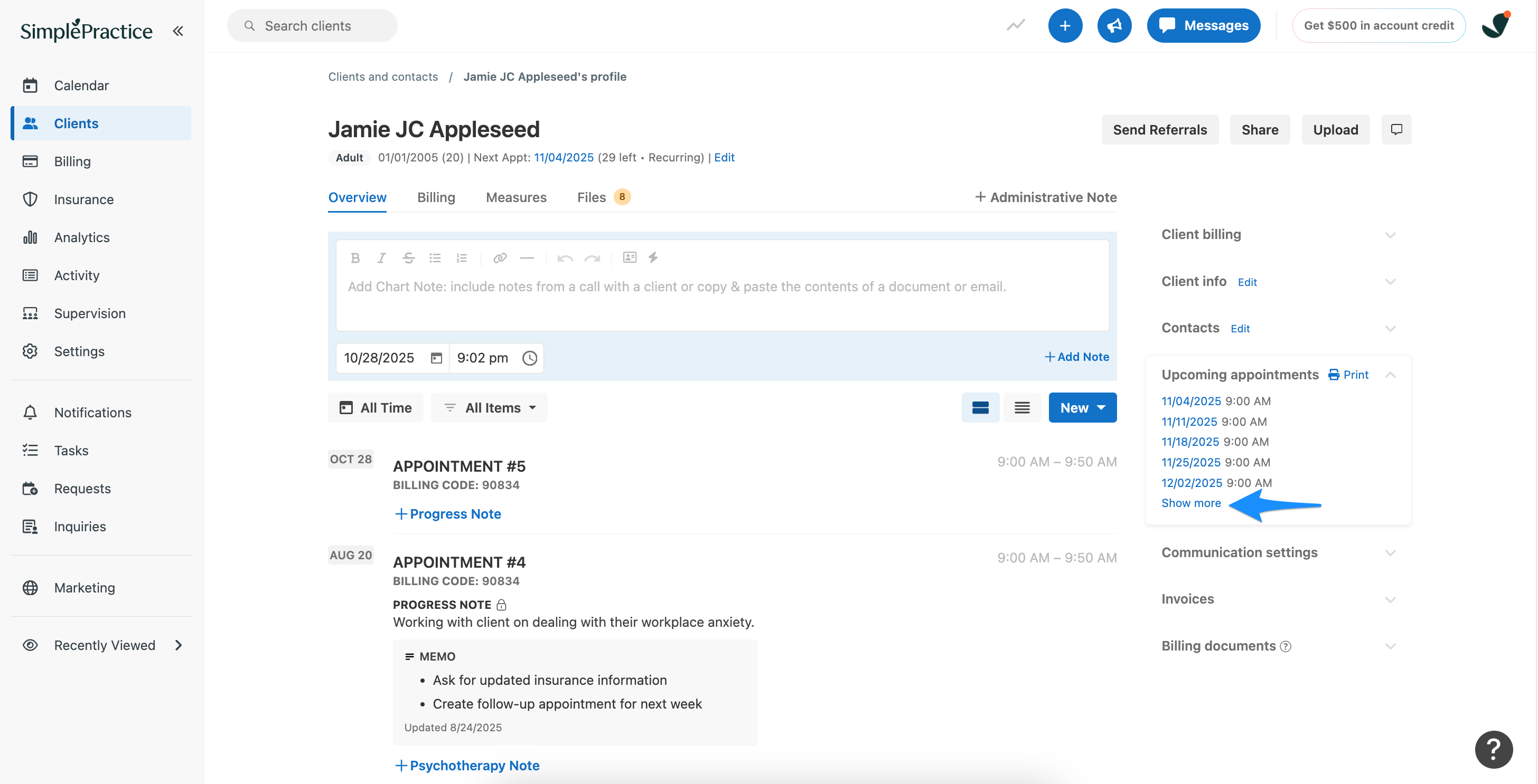 The Show more option within the Upcoming appointments section