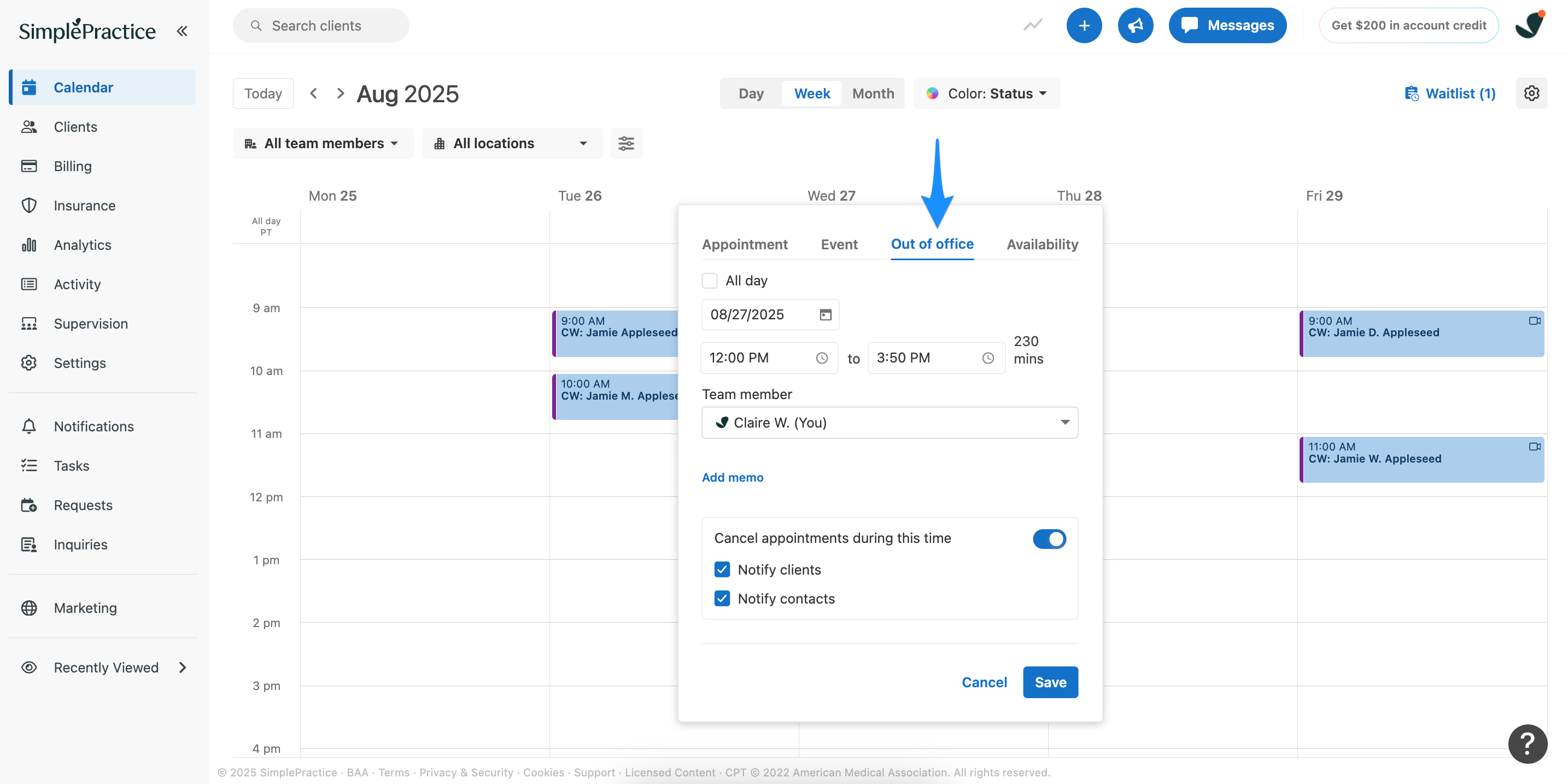 The schedule menu with Out of office selected