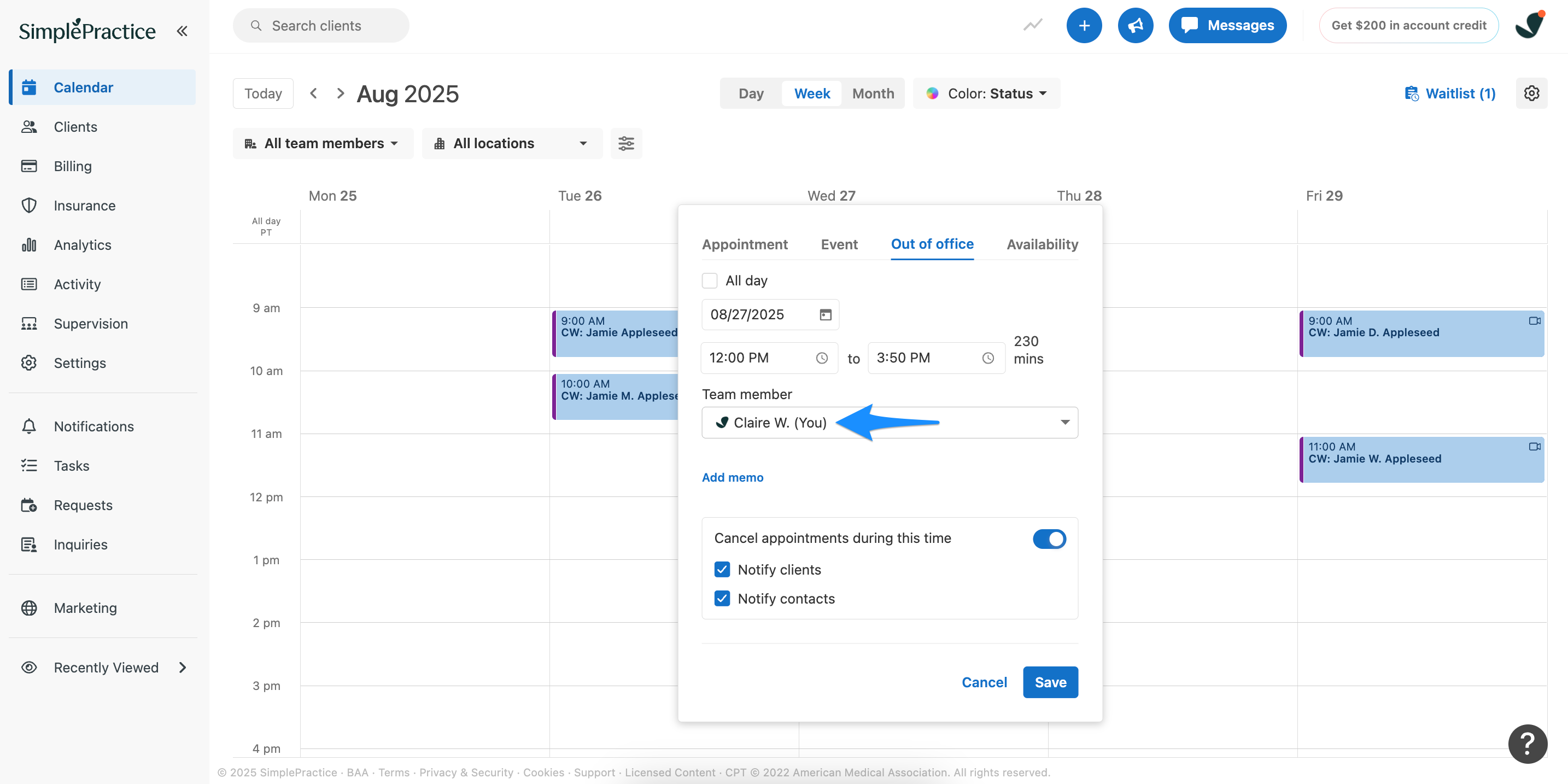 The clinician dropdown when creating an out of office block