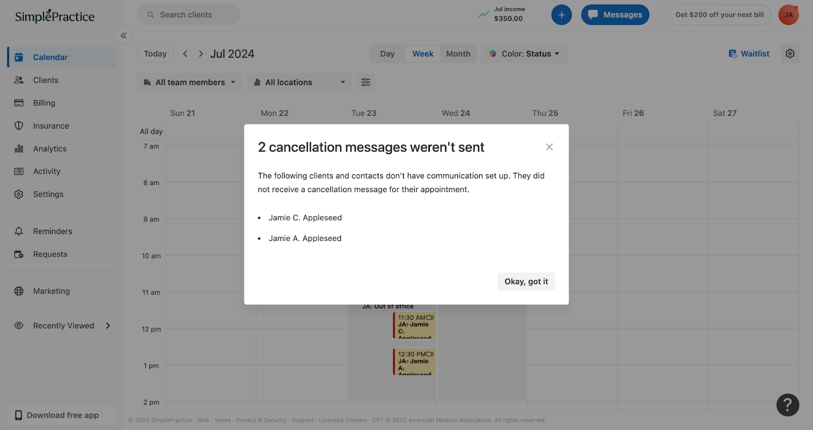 A list of clients who did not receive cancellation notifications