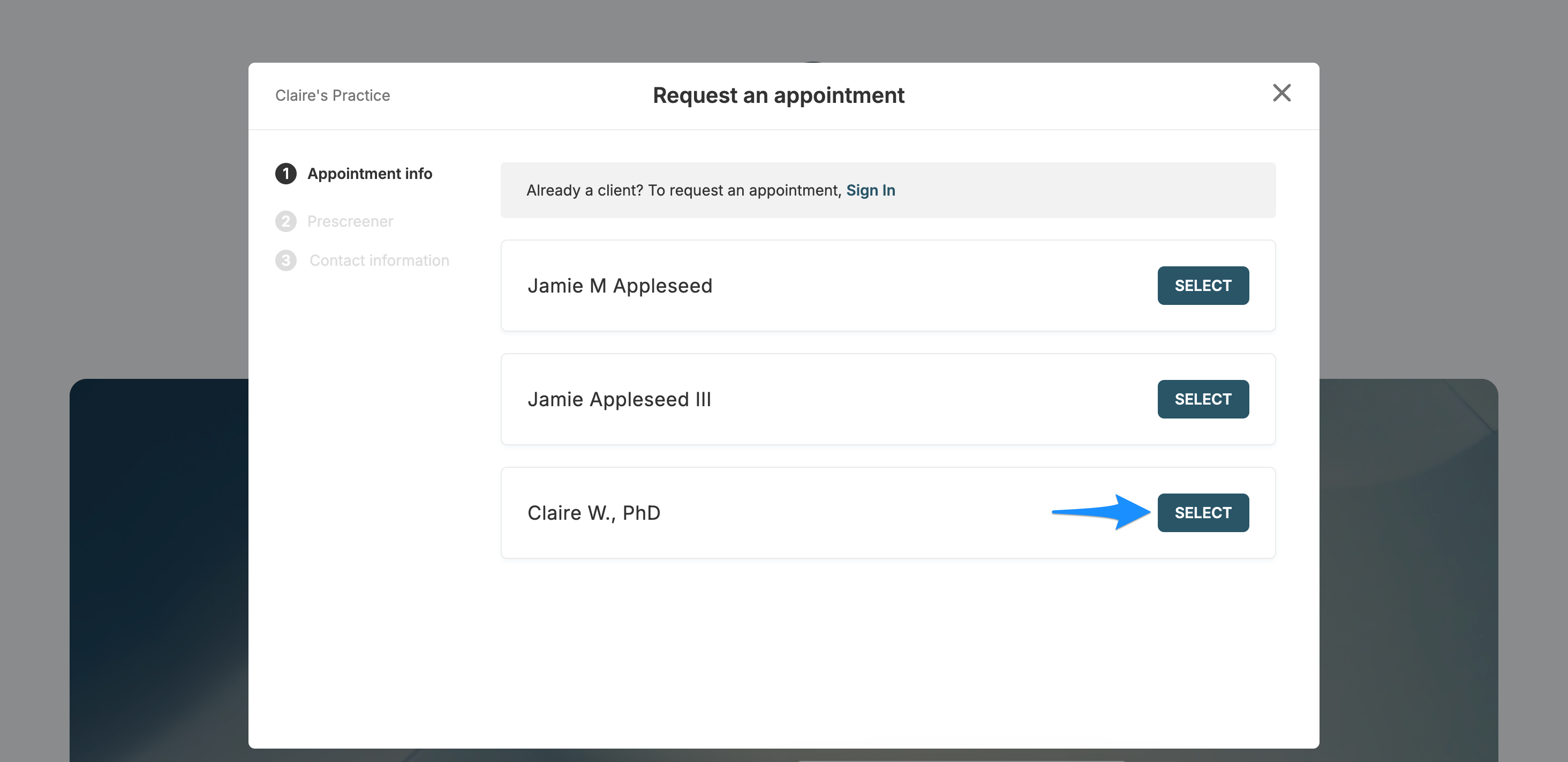 Clinician selection screen shown when multiple clinicians are available