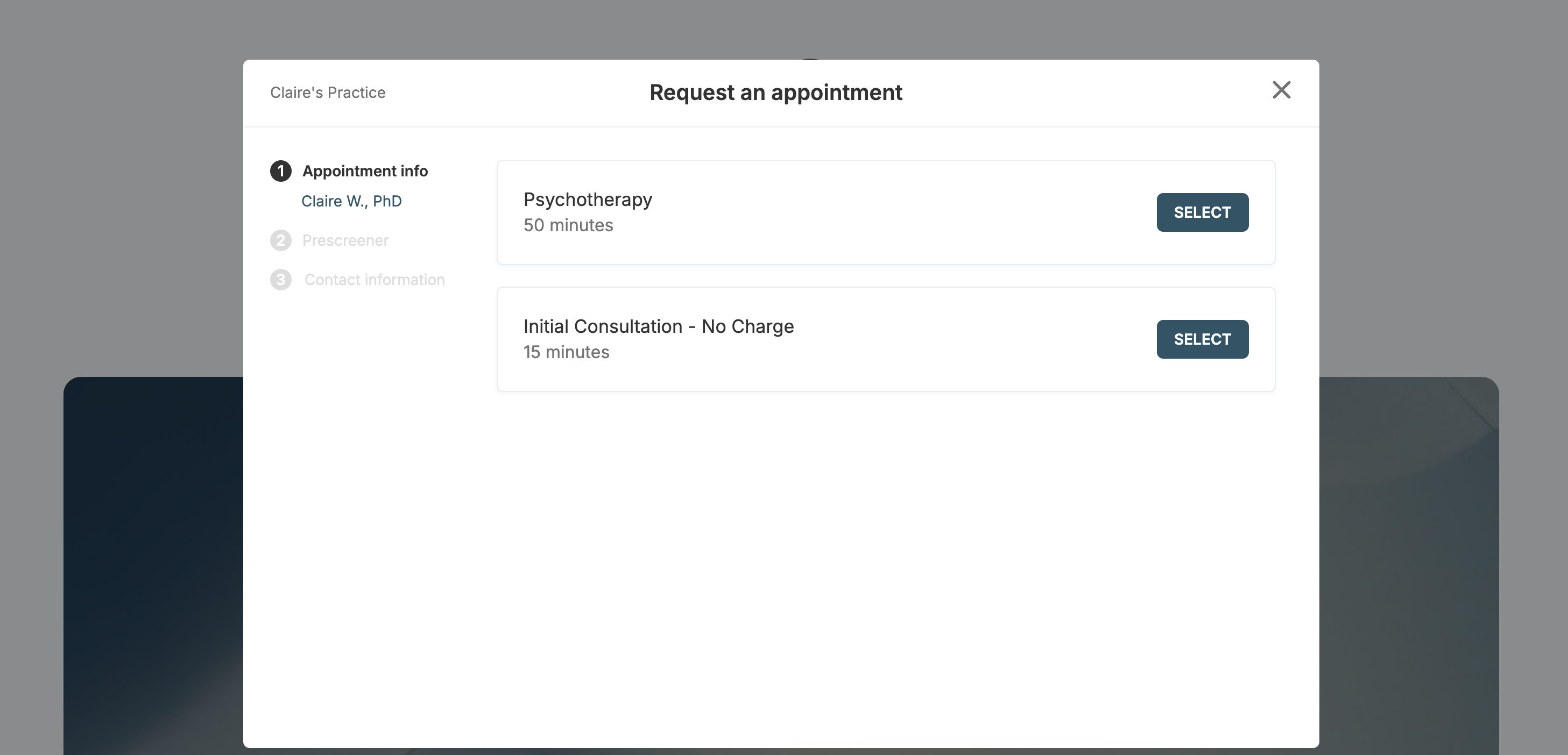 Service selection screen showing available services for new clients